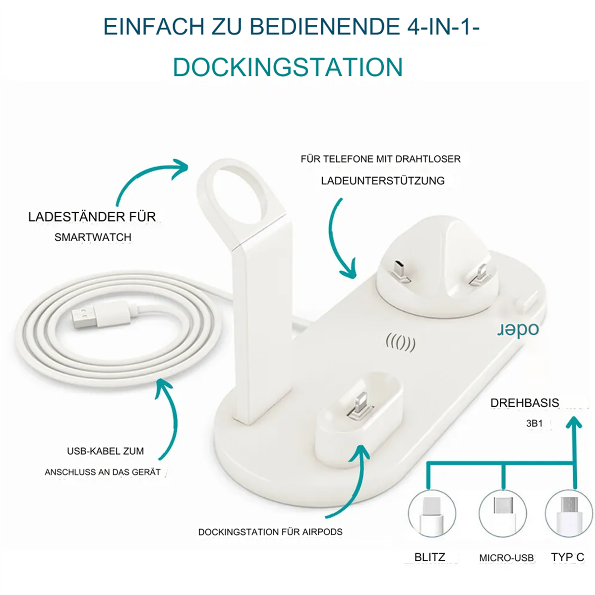 Eine weiße Dockingstation mit mehreren Anschlüssen und Kabeln, einschließlich Smartwatch-Ladegerät.
