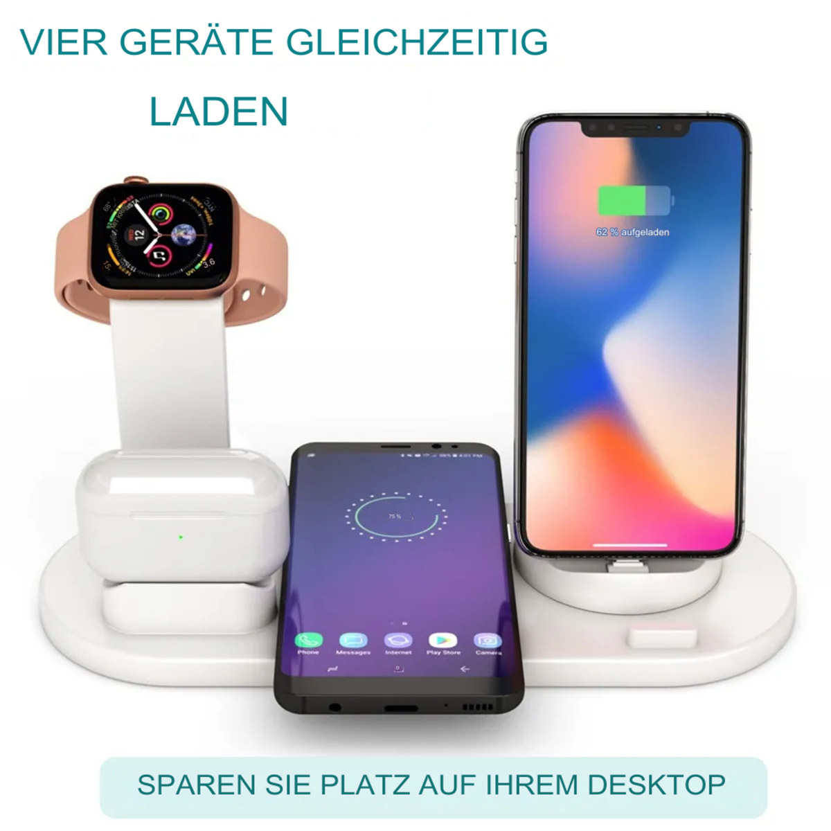 Ladestation mit Uhr, Telefon, Ohrhörern und Handy. Weiße Basis, schwarzer Hintergrund.