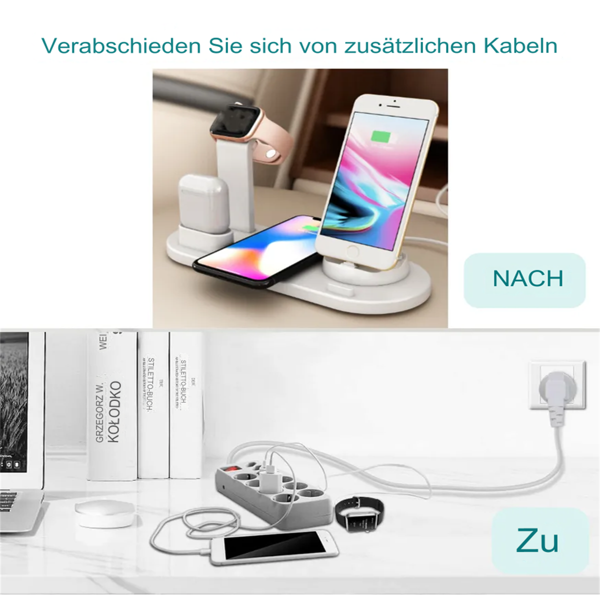 Kabellose Ladestation mit drei Telefonen und einer Uhr, mit einer unordentlichen Steckdose.
