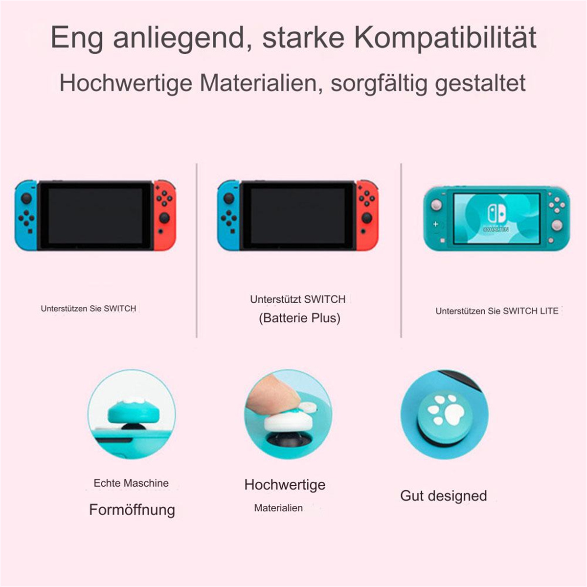 Das Bild zeigt Switch-Konsolen und Zubehör, wobei deren Designs und Funktionen hervorgehoben werden.