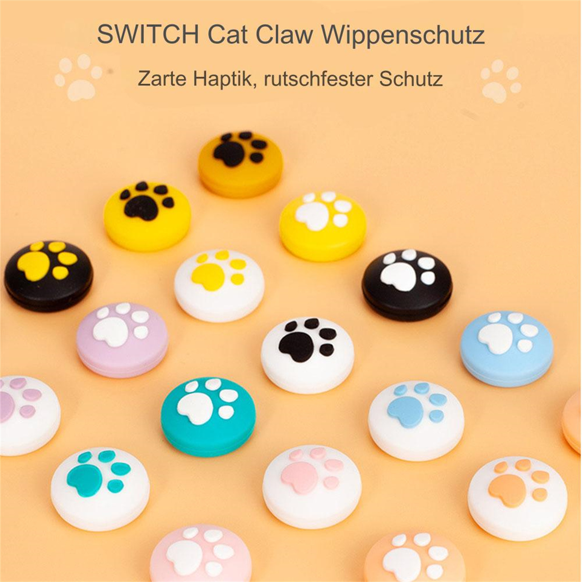 Katzenpfoten-Joy-Con-Tasten in verschiedenen Farben. Weiß, Gelb, Schwarz, Blau und Rosa.