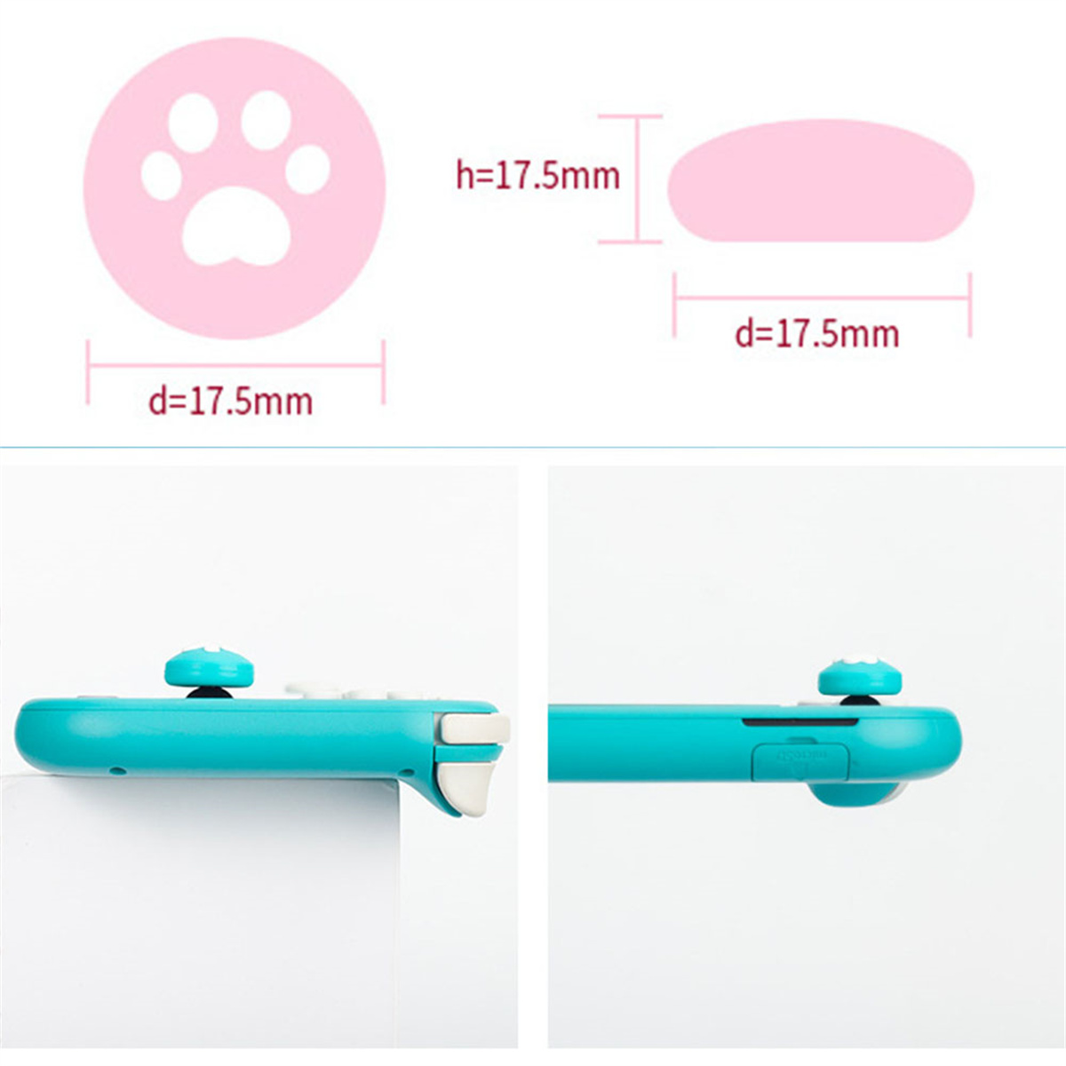 Zwei Gamecontroller-Komponenten. Rosa Pfotenabdruck und ein rosa Daumen-Stick. Türkisfarbener Controller.