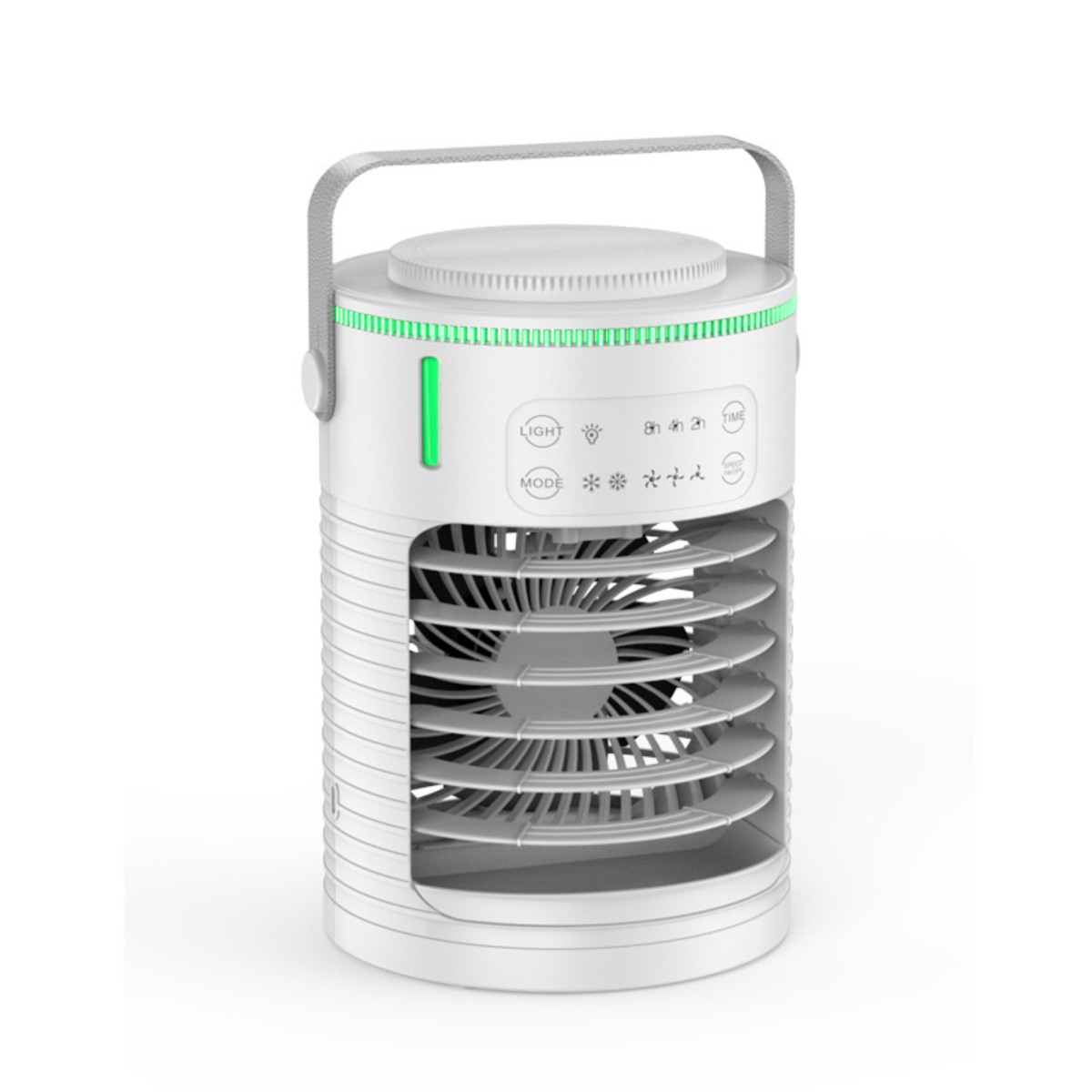 Weiß-grauer tragbarer Luftkühler mit Griff. Er hat einen Ventilator und Bedienknöpfe.