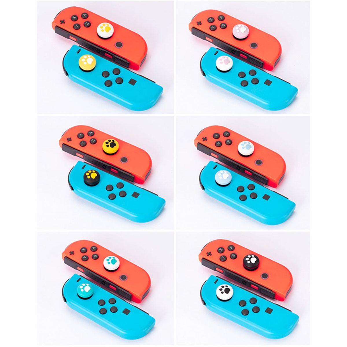 Mehrere Gamecontroller mit unterschiedlich farbigen Daumengriffen.