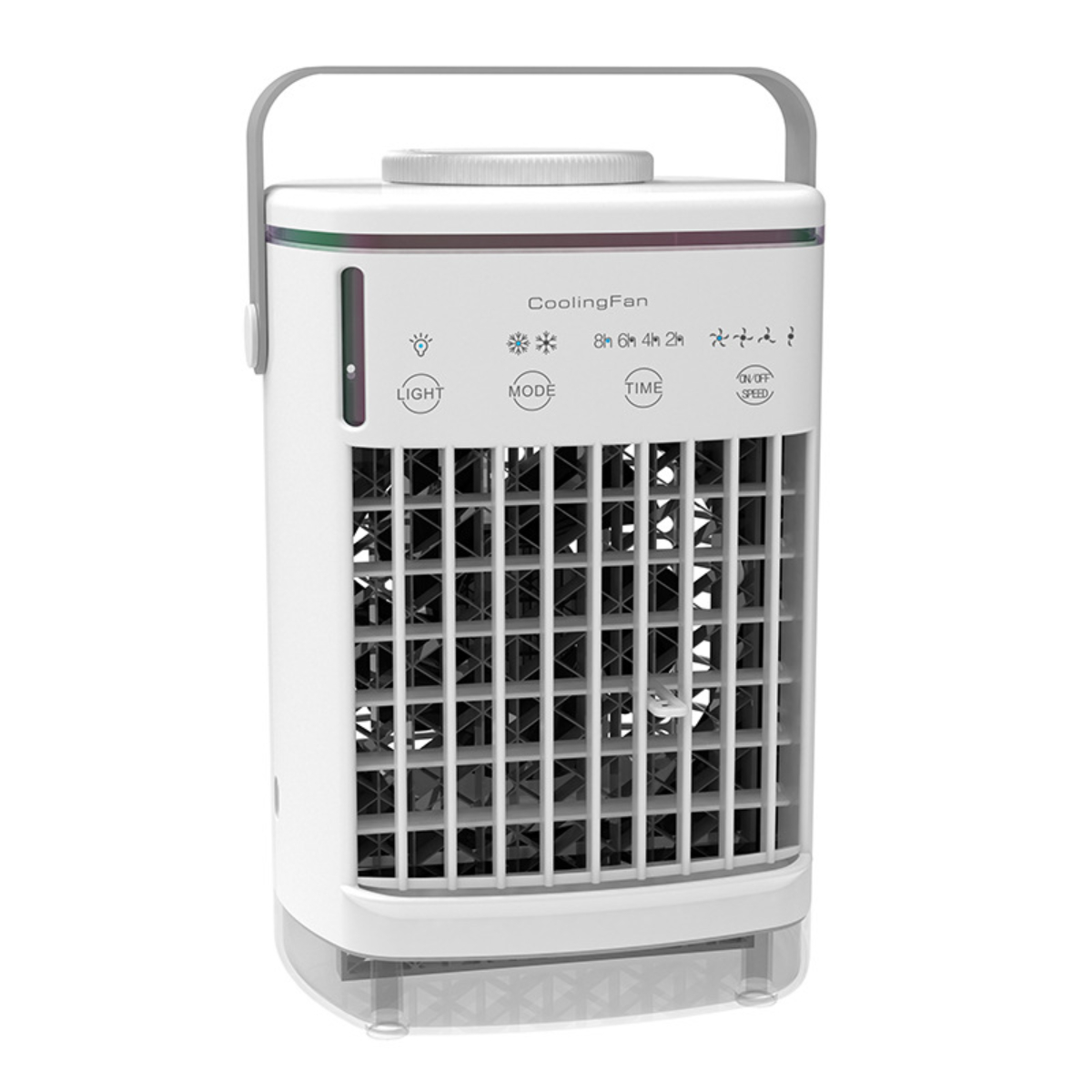 Weißer Ventilator mit Bedienfeld, Griff und Wassertank auf weißem Hintergrund.