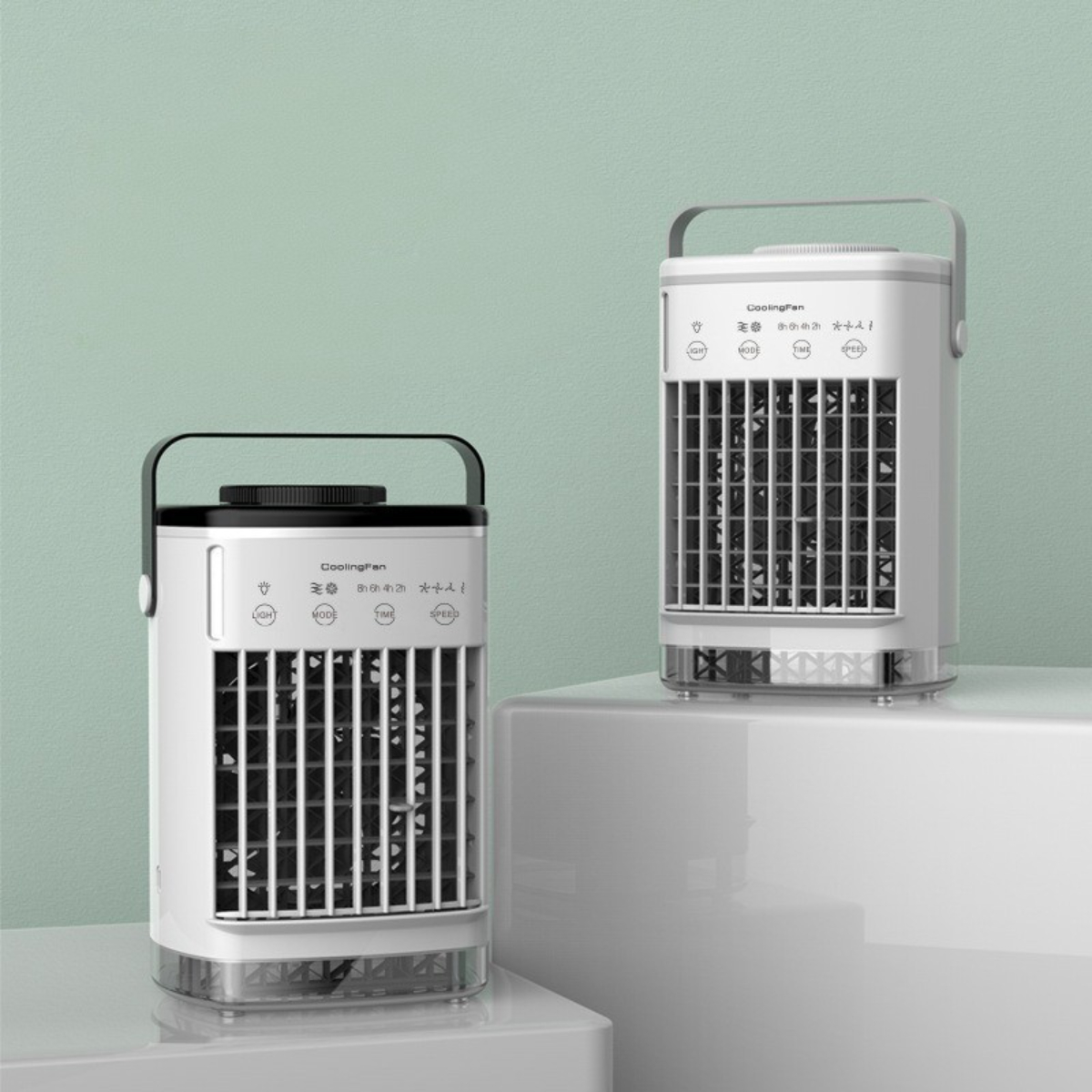 Zwei weiß-schwarze Kühlventilatoren mit digitaler Anzeige.