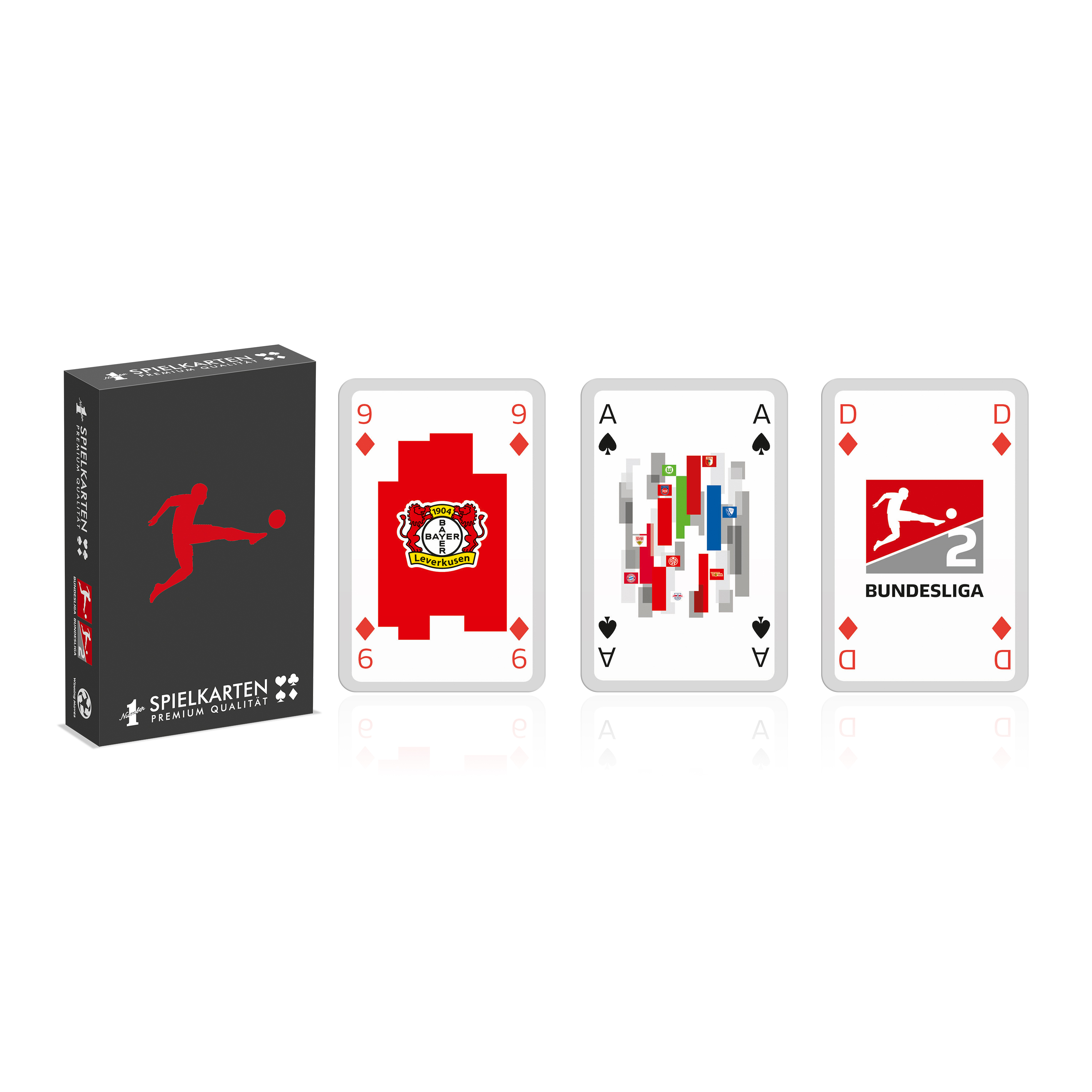 Spielkarten, eine Schachtel und drei Karten mit Logo und Spielkartensymbolen.