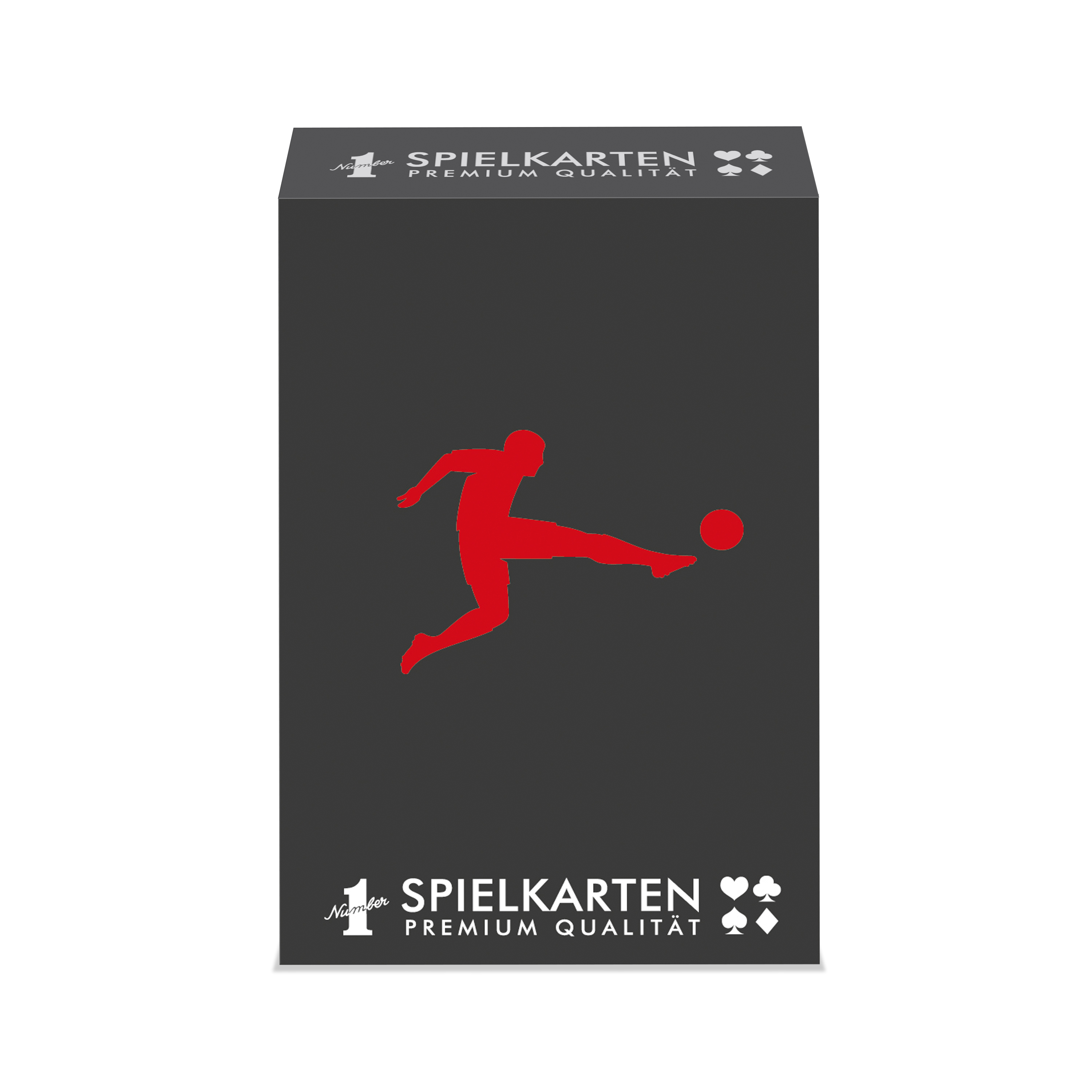 Schwarze Spielkartenbox mit roter Silhouette eines Fußballspielers beim Schuss.