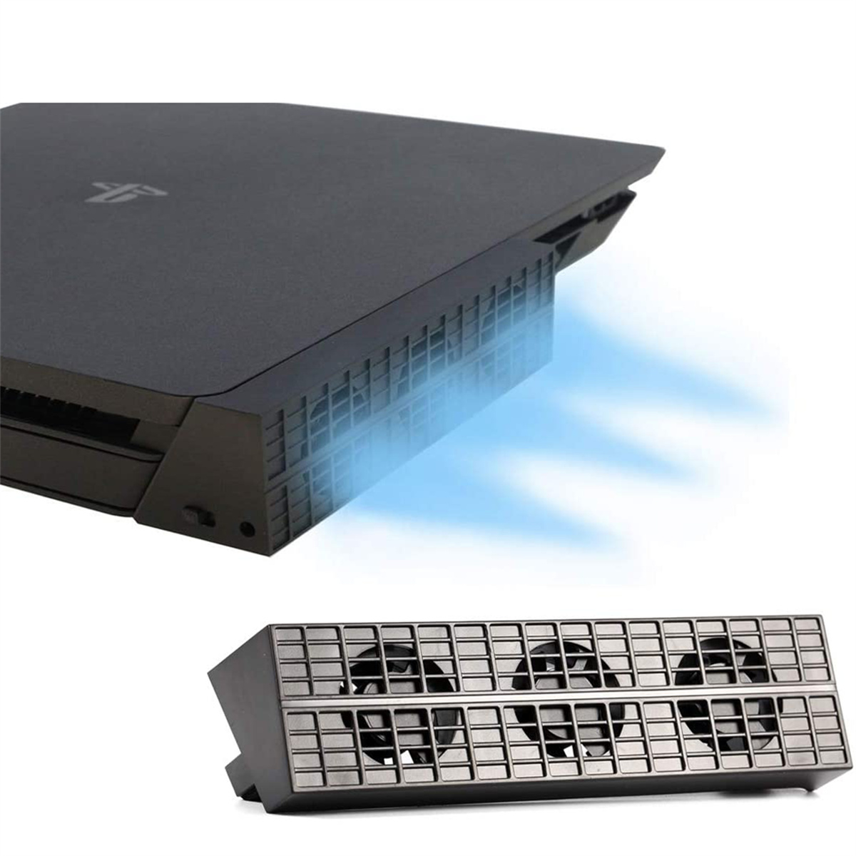 Schwarze PS4 mit Lüfteraufsatz, aus dem ein blauer Luftstrom austritt.