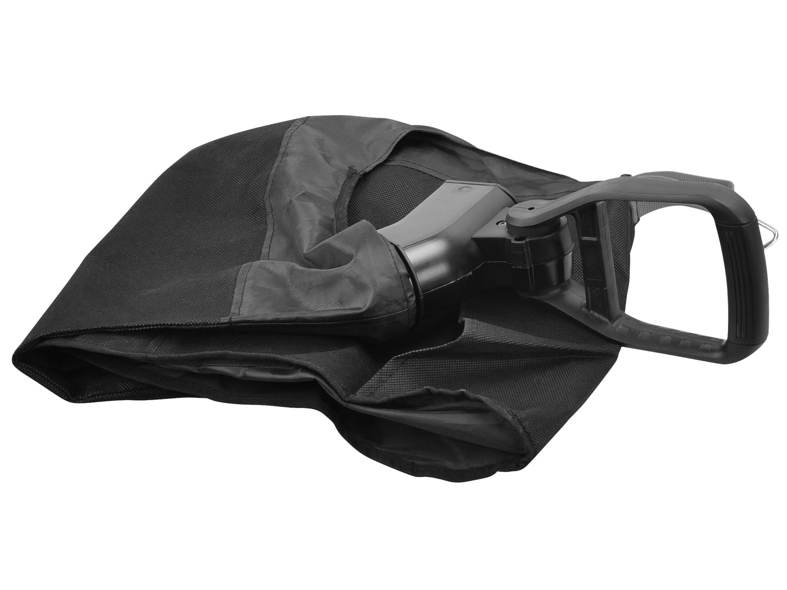 Een zwarte blaaszak met een handvat en een gaasopening.