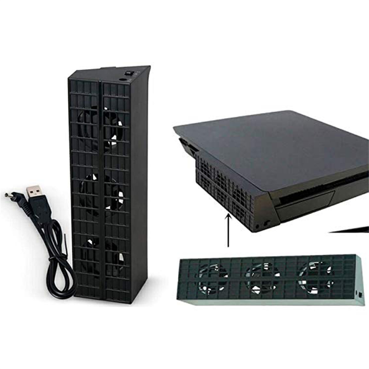 Ein schwarzes Kühlgebläsesystem für eine Spielekonsole mit USB-Kabel und separatem Lüfterteil.