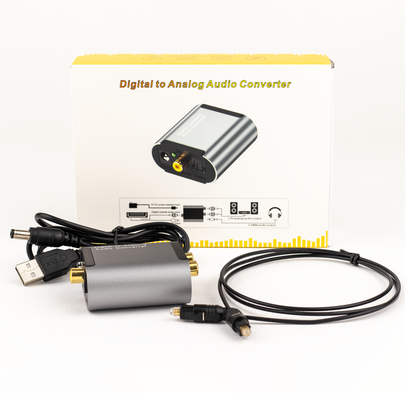 Convertidor de audio digital a analógico con cables y caja.