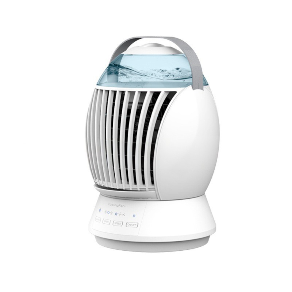 Weißer Kühlventilator mit vertikalen Stäben, Wasserbehälter oben und einem Griff. Bedienelemente an der Basis.