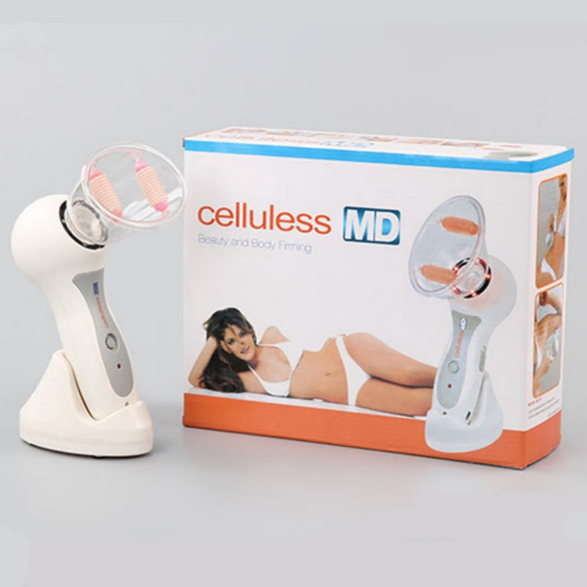 Weißes Cellulite-Behandlungsgerät mit Box, Frau in weißer Unterwäsche auf der Box.