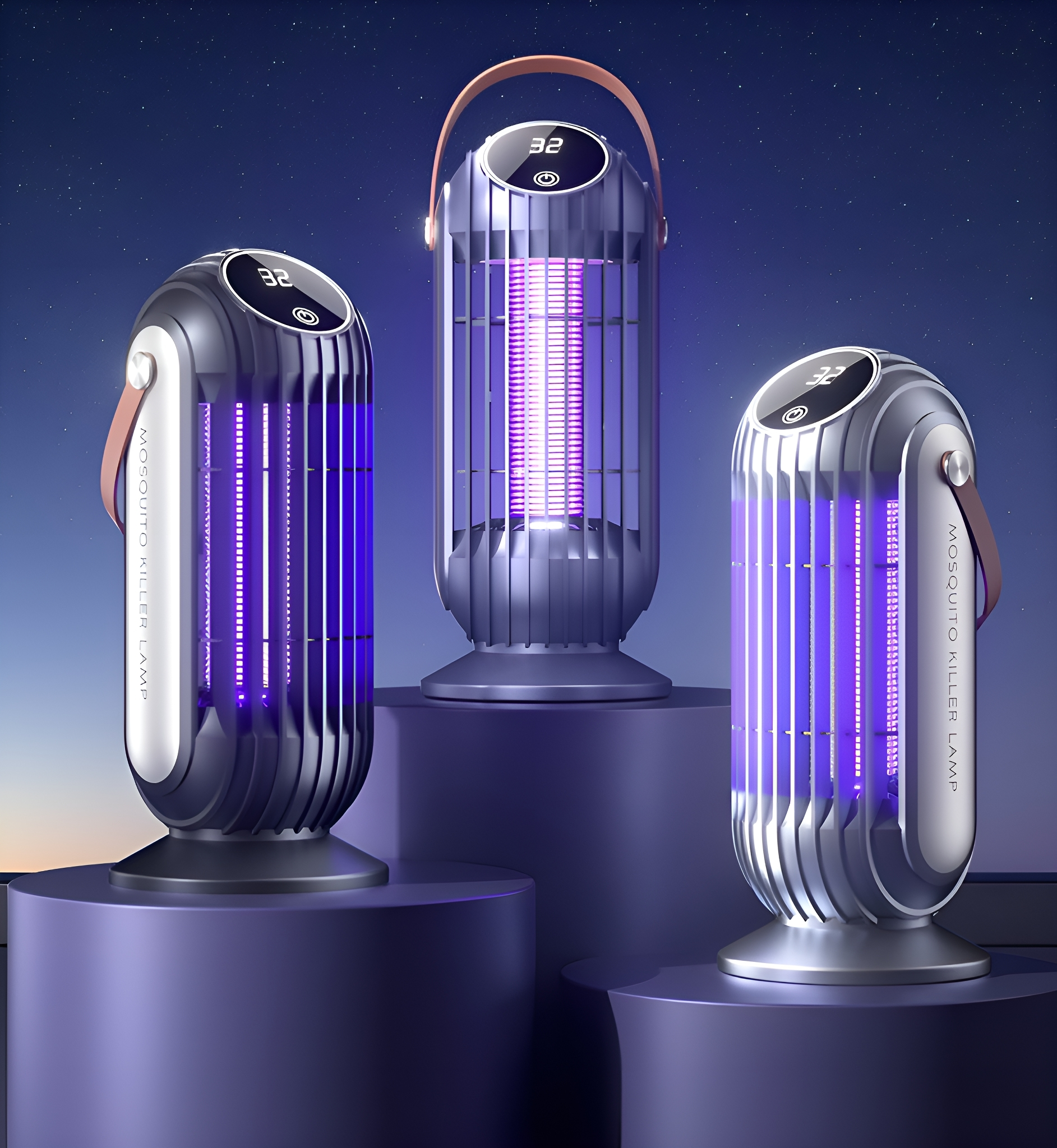 Drei Mückenvernichterlampen. Sie sind zylindrisch mit Griff und strahlen violett.