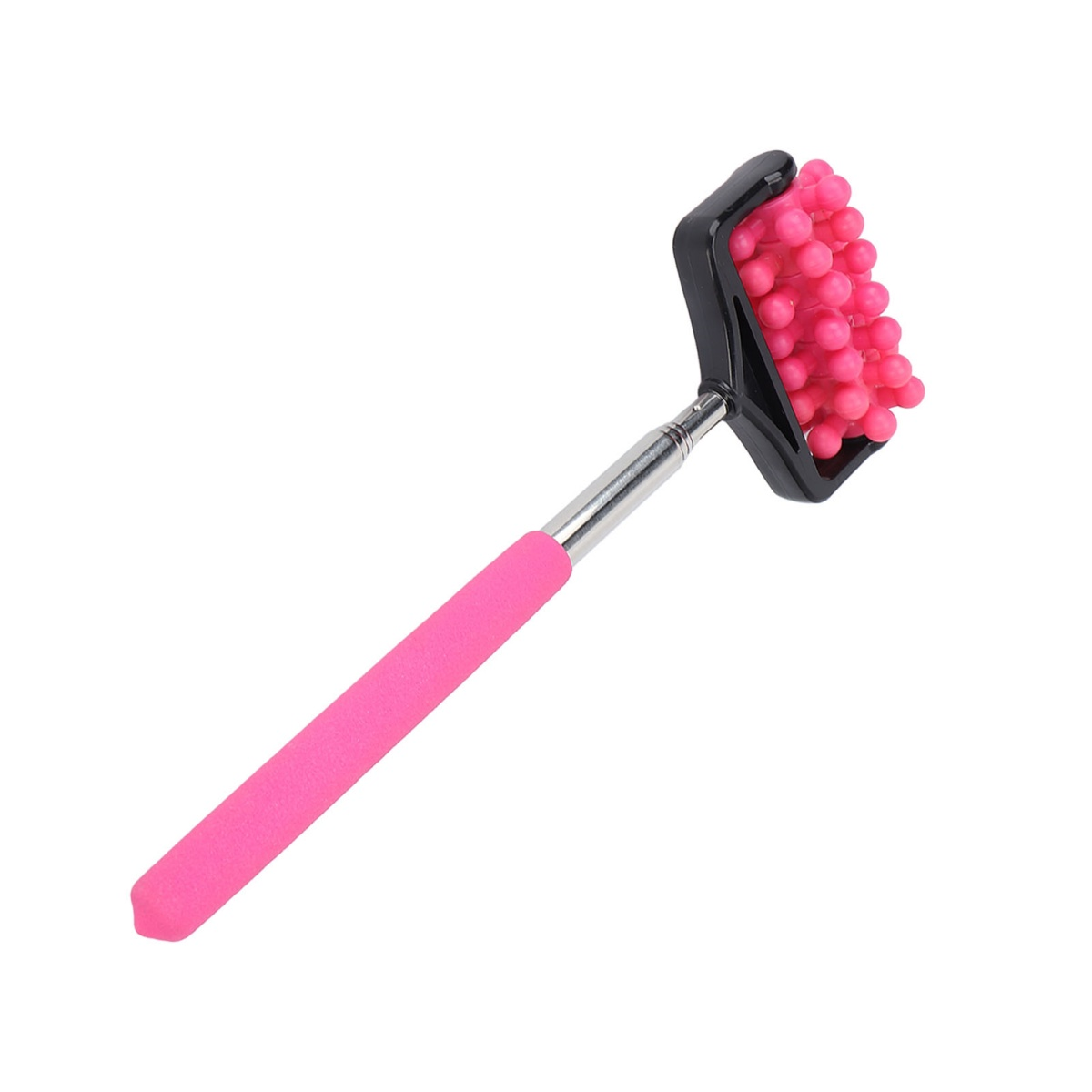 Rosa Massagegerät mit schwarzem Griff und rosa, strukturierter Oberfläche.