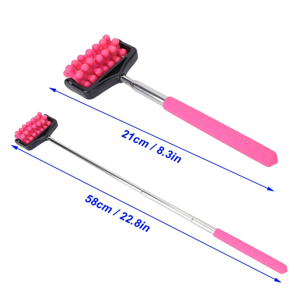 Zwei Rückmassagegeräte mit rosa Griffen und roten Massageköpfen, eines ausgefahren und eines zusammengeklappt.