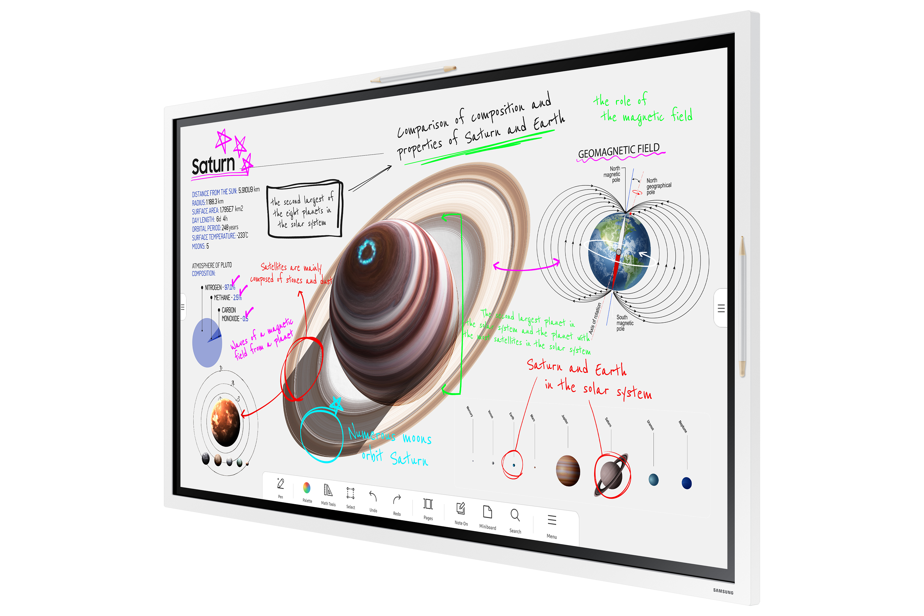 A white interactive display with diagrams and text about Saturn and the solar system.