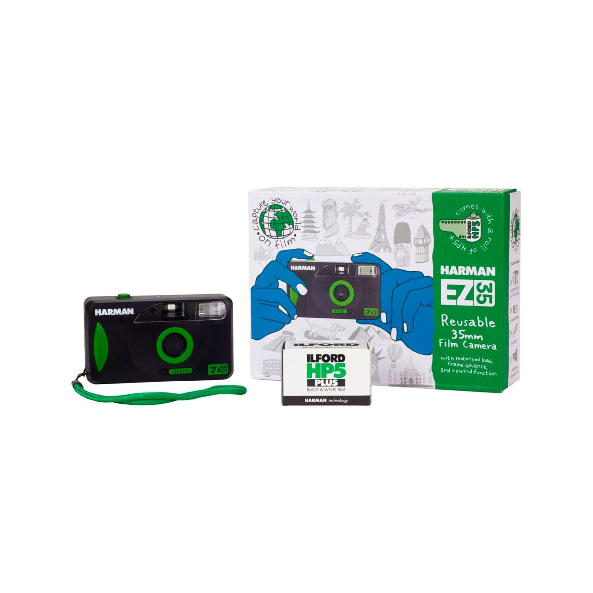 Een zwarte Harman EZ35 filmcamera, film en doos. De doos toont een hand die de camera vasthoudt. Groene accenten.