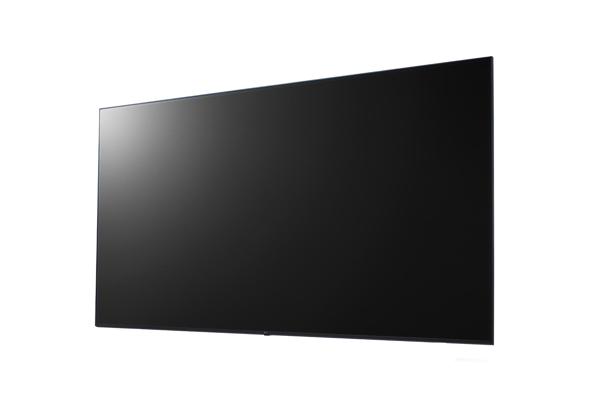 Una TV nera moderna e sottile con cornice blu sottile su sfondo bianco.