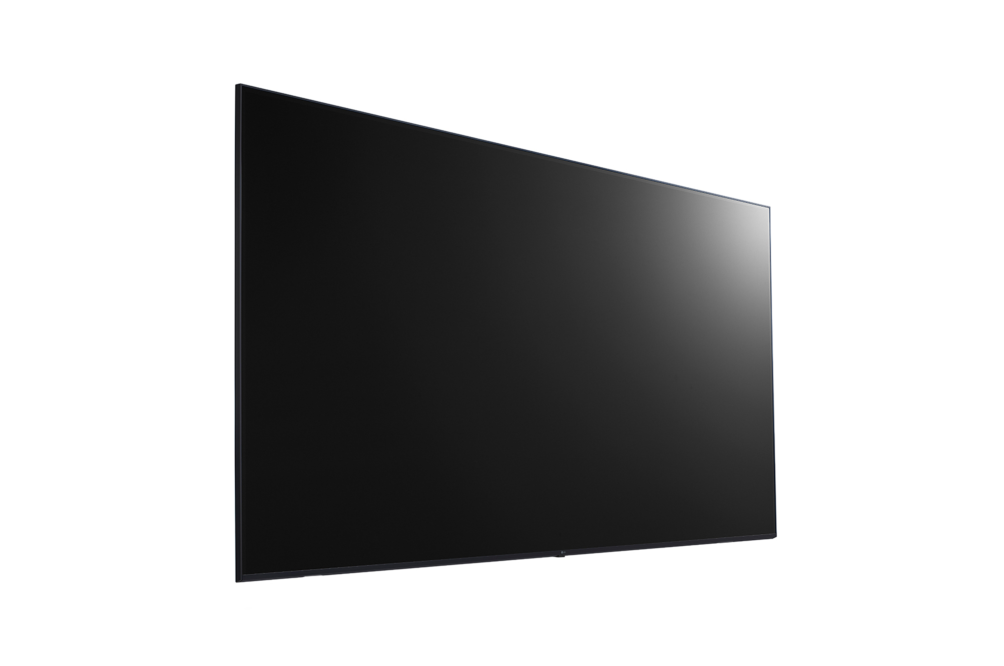 Una moderna TV a schermo piatto nera, vista di lato su sfondo bianco.