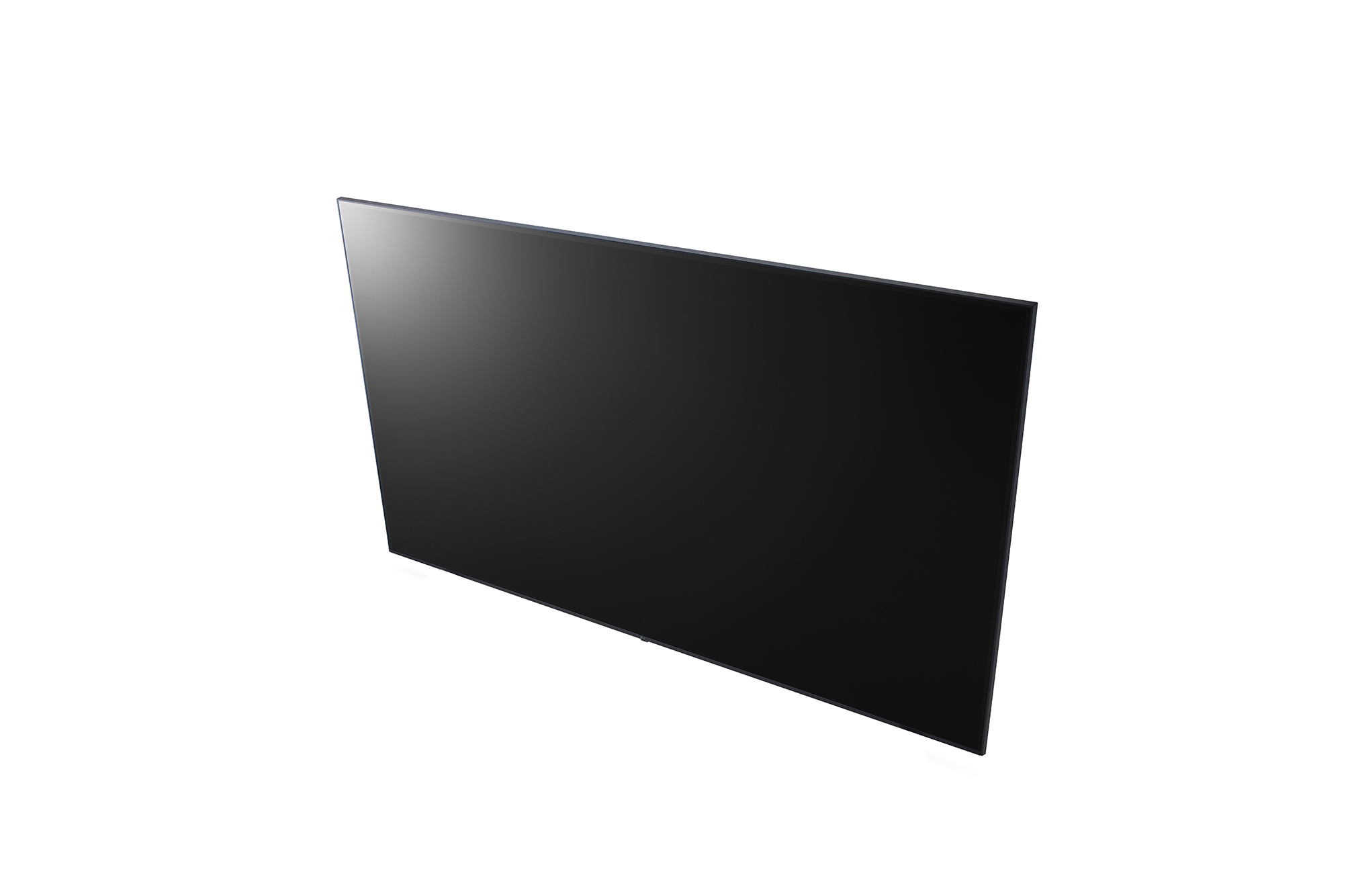 Una TV nera ed elegante con cornice sottile su sfondo bianco.