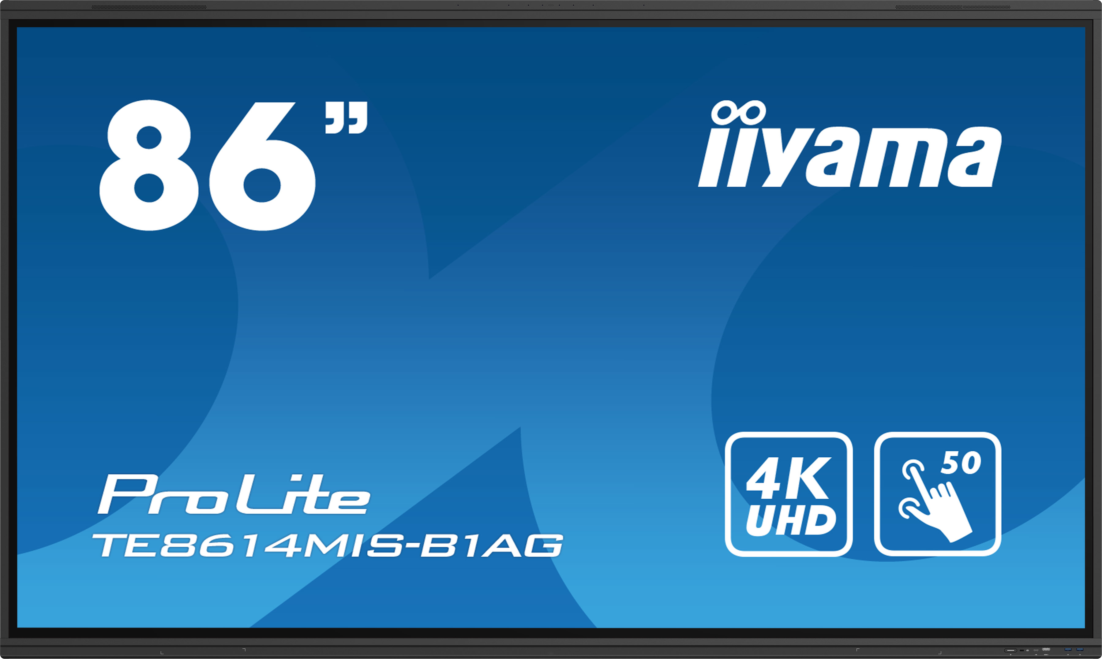 Ein 86-Zoll iiyama ProLite Monitor mit 4K UHD und einem Touchscreen-Symbol, blauer Hintergrund.