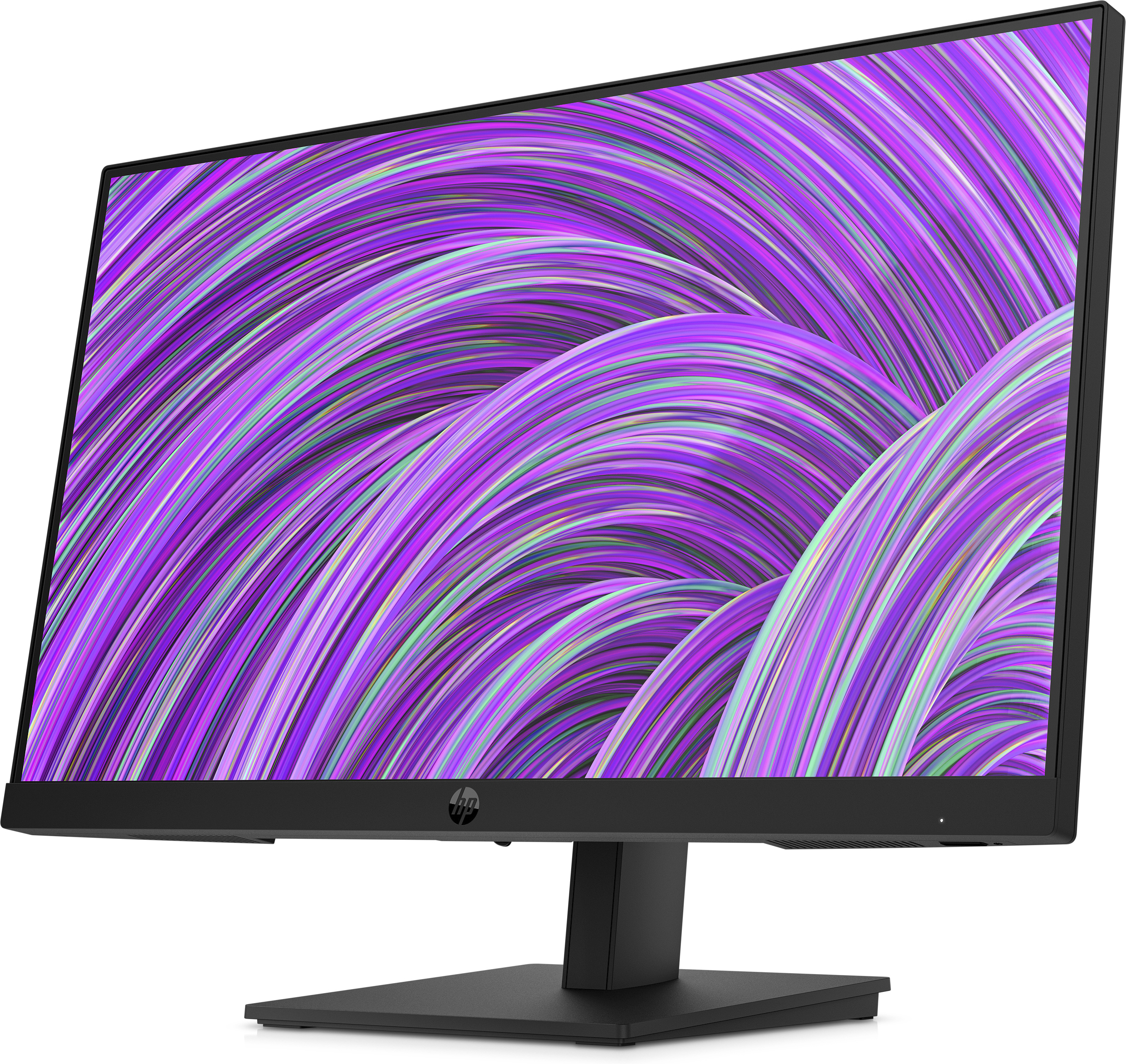 Monitor HP negro mostrando un gráfico abstracto morado y arremolinado.