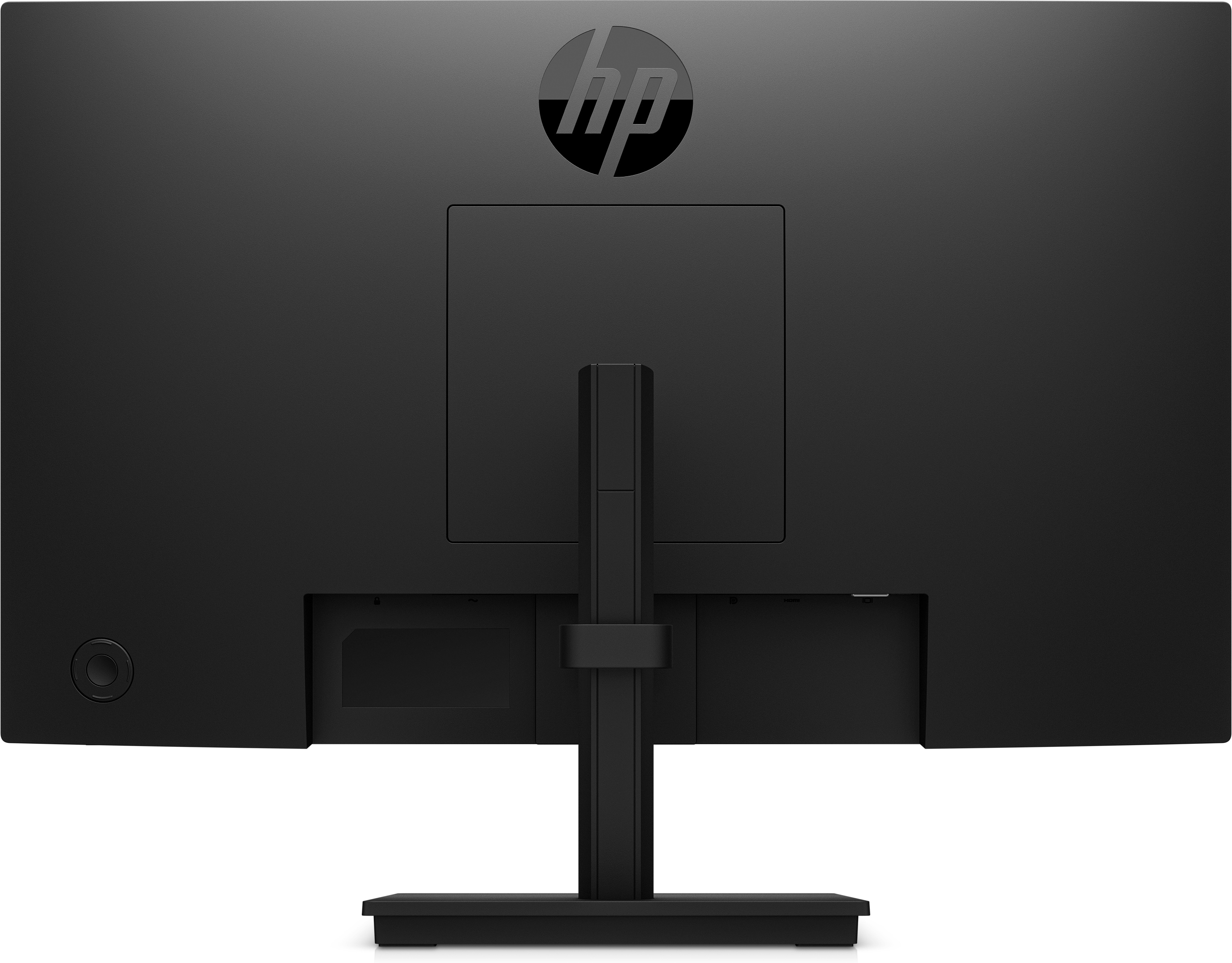 Monitor HP negro, vista trasera. Botón de encendido, puertos y conexión del soporte visibles.
