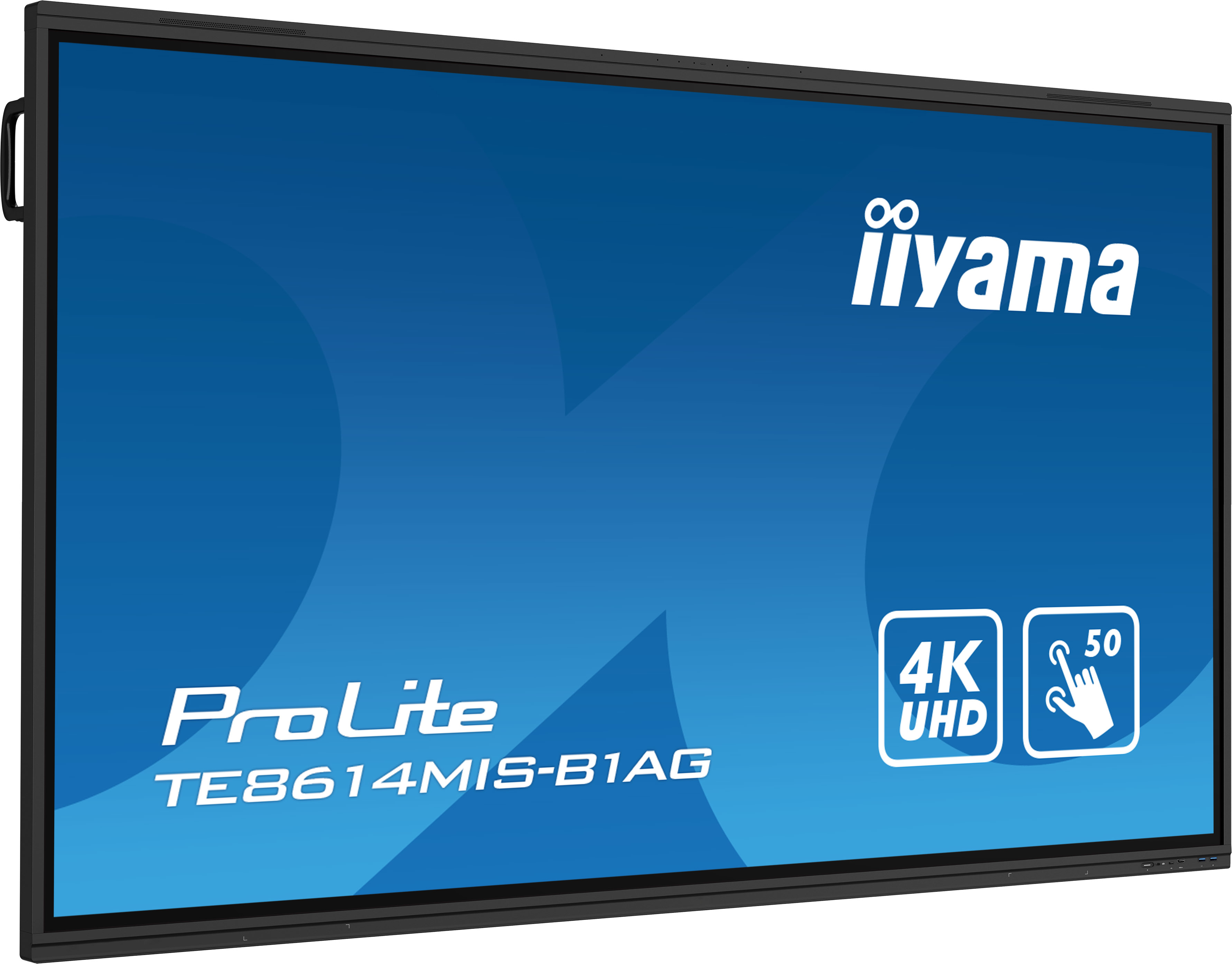 Großer, schwarzer Iiyama ProLite Bildschirm. Zeigt 4K UHD und ein Touchscreen-Symbol. Blauer Hintergrund.
