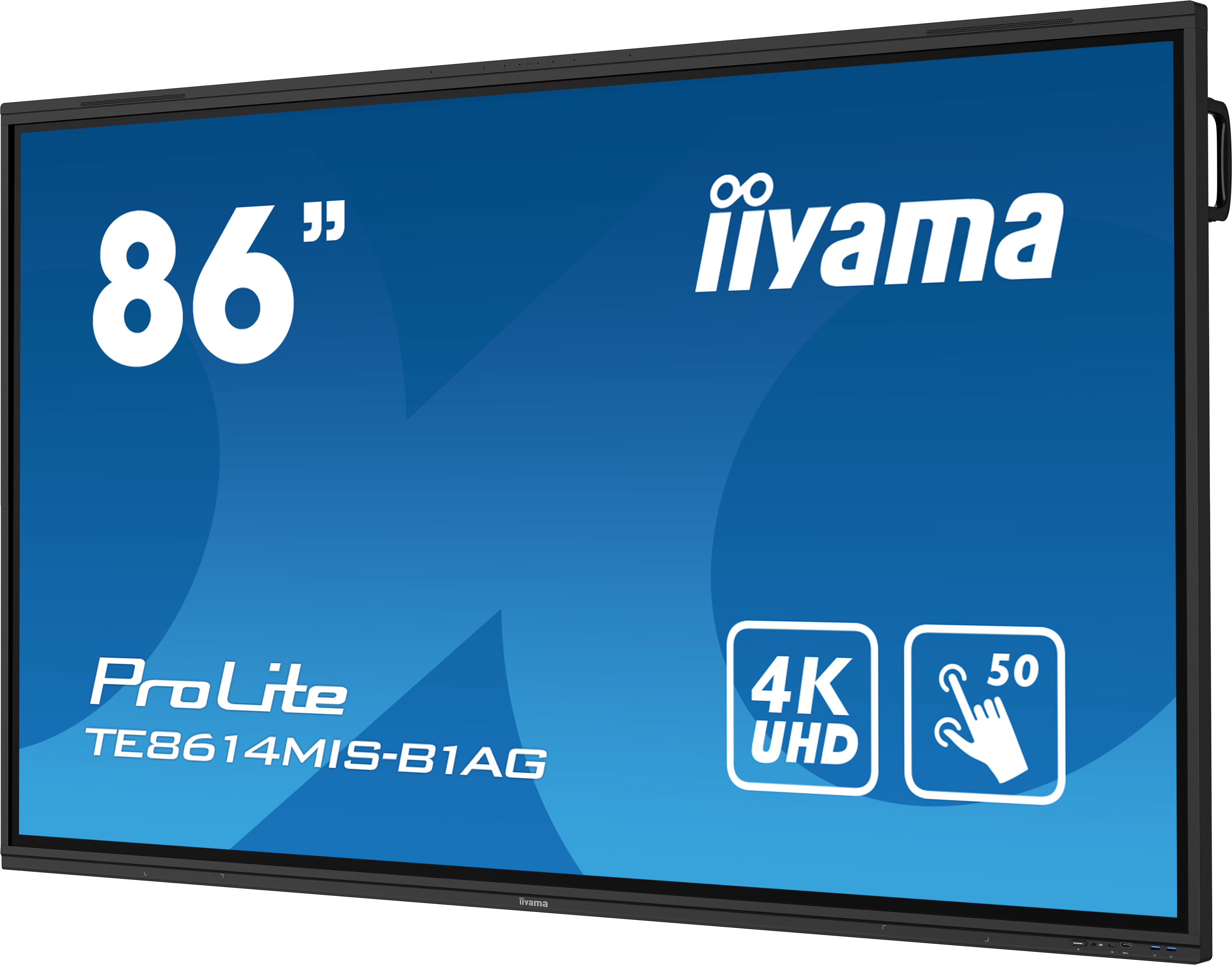 Großer, schwarz gerahmter 86-Zoll iiyama ProLite 4K UHD Touchscreen-Bildschirm mit Branding und Symbolen.