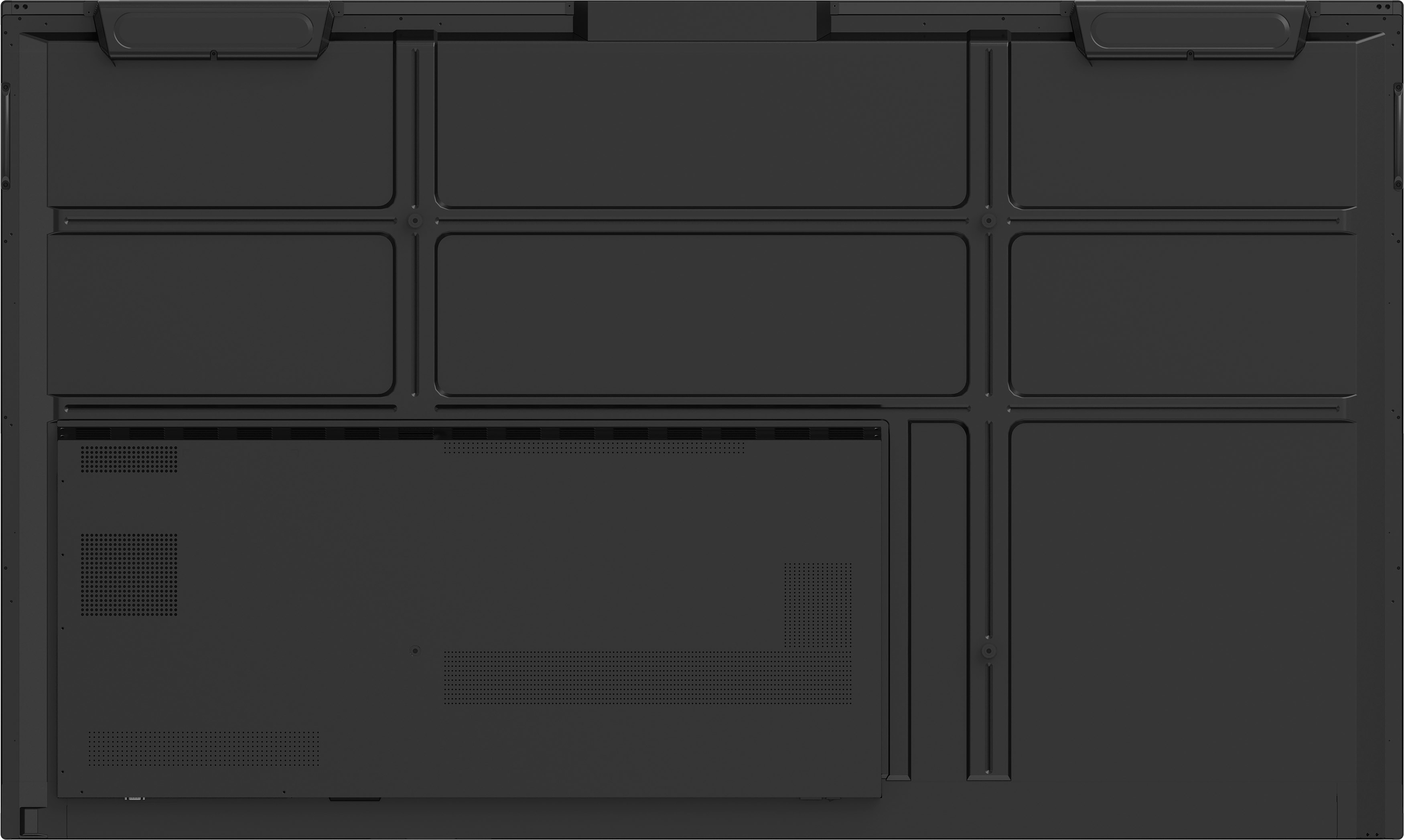 Schwarzes Panel mit eingelassenen Rechtecken und Quadraten.