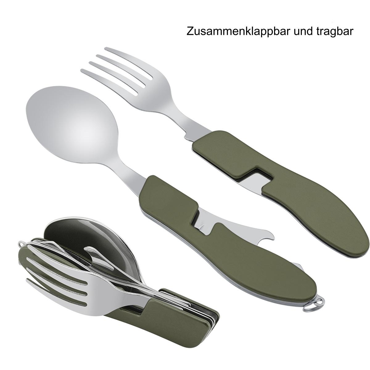 Faltbares Besteckset: Gabel, Löffel und Messer-Flaschenöffner-Kombi. Grüne Griffe.