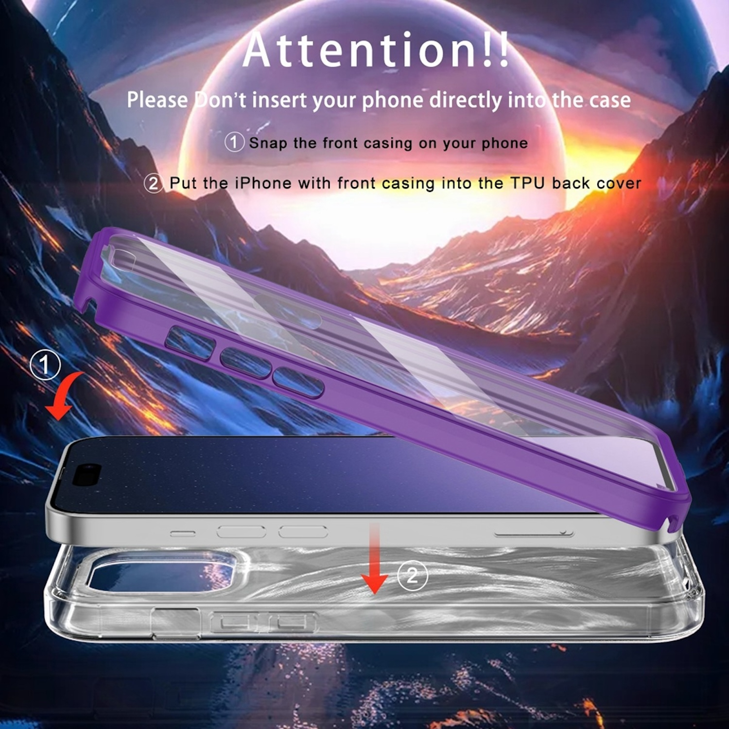 Ein Telefon in einer Hülle mit Anweisungen. Das Telefon ist silberfarben, die Hülle ist klar und lila.
