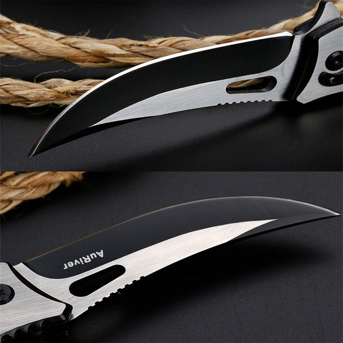 Zwei Klappmesser. Schwarze Klingen, metallische Griffe und der Text 'Auriver'. Schwarzer Hintergrund.