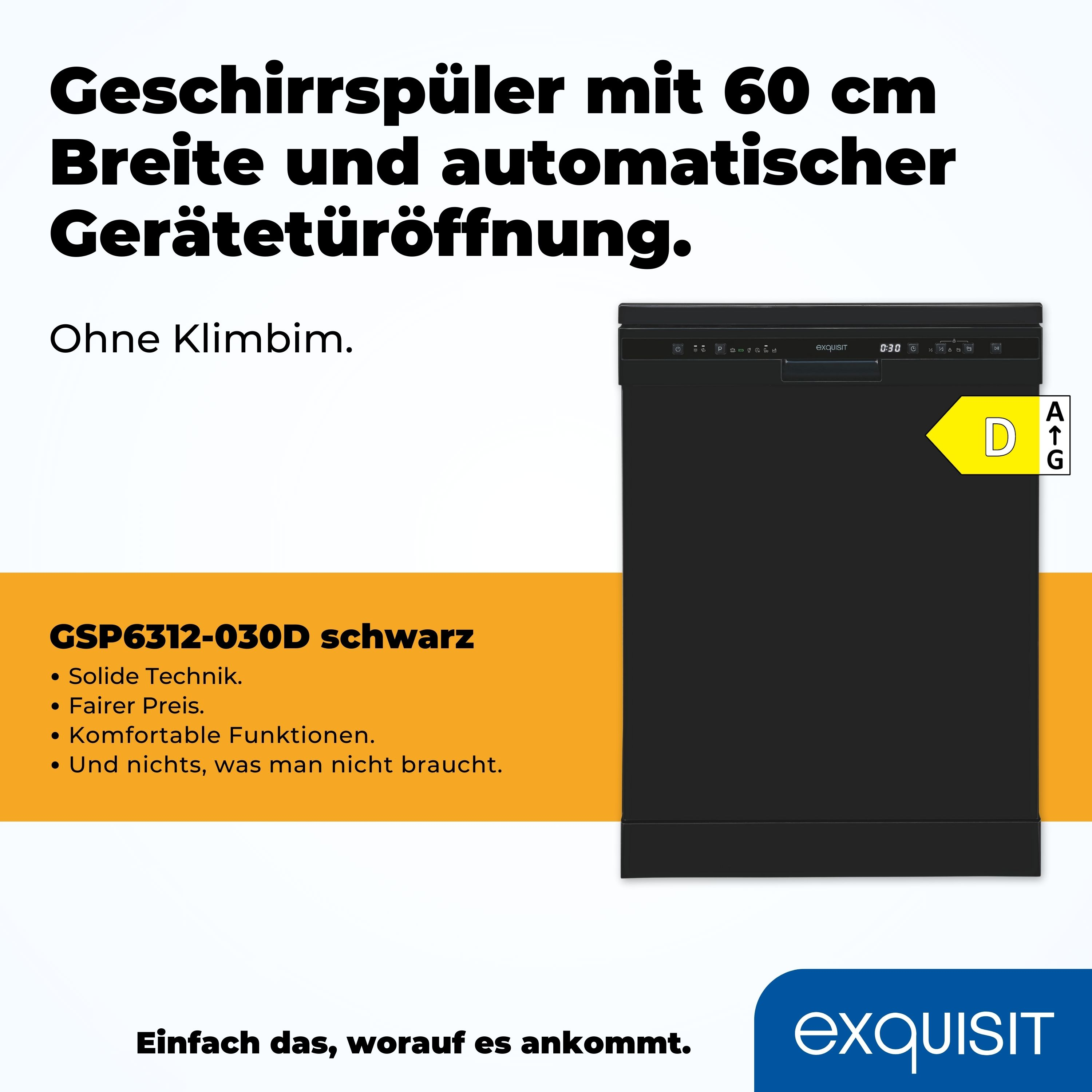Schwarzer Geschirrspüler mit Text und Energielabel auf weißem Hintergrund. Text auf Deutsch.