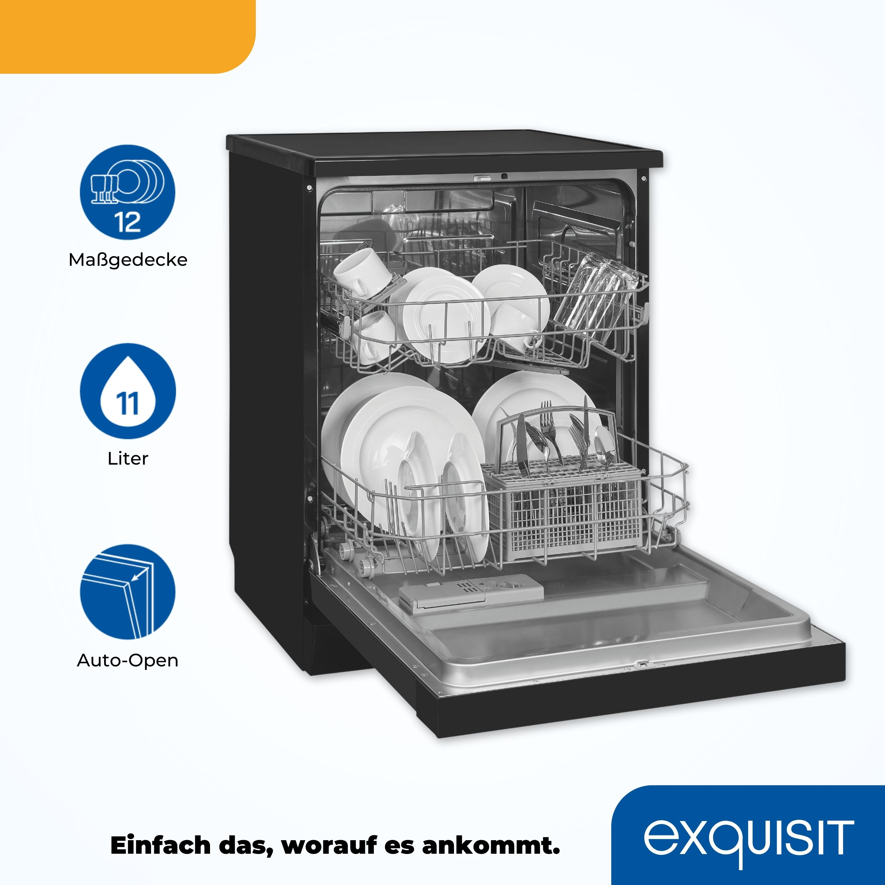 Ein schwarzer Geschirrspüler mit offener Tür, gefüllt mit Geschirr. Symbole für 12 Maßgedecke, 11 Liter und Auto-Open.