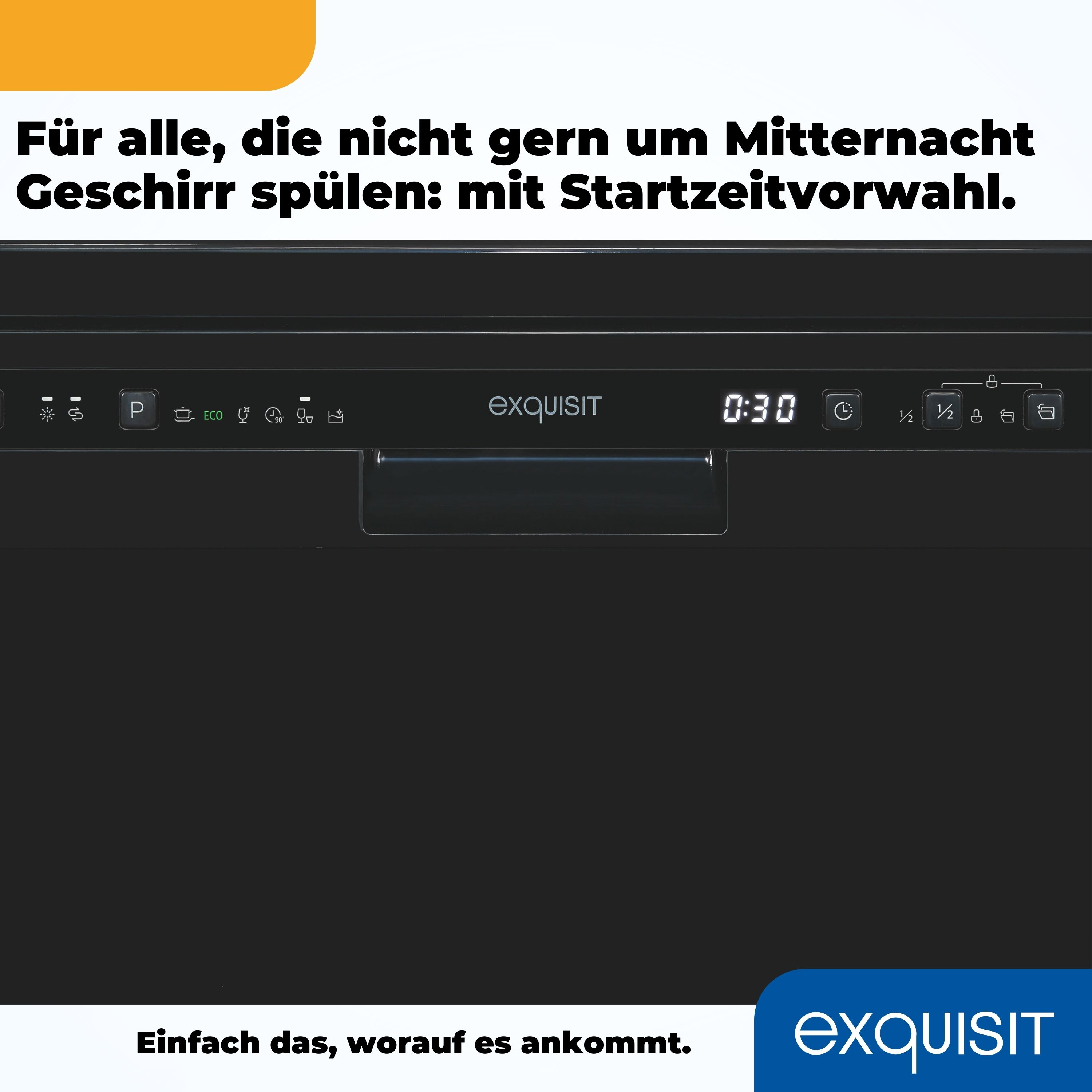 Schwarzer Geschirrspüler mit Text und Logo.