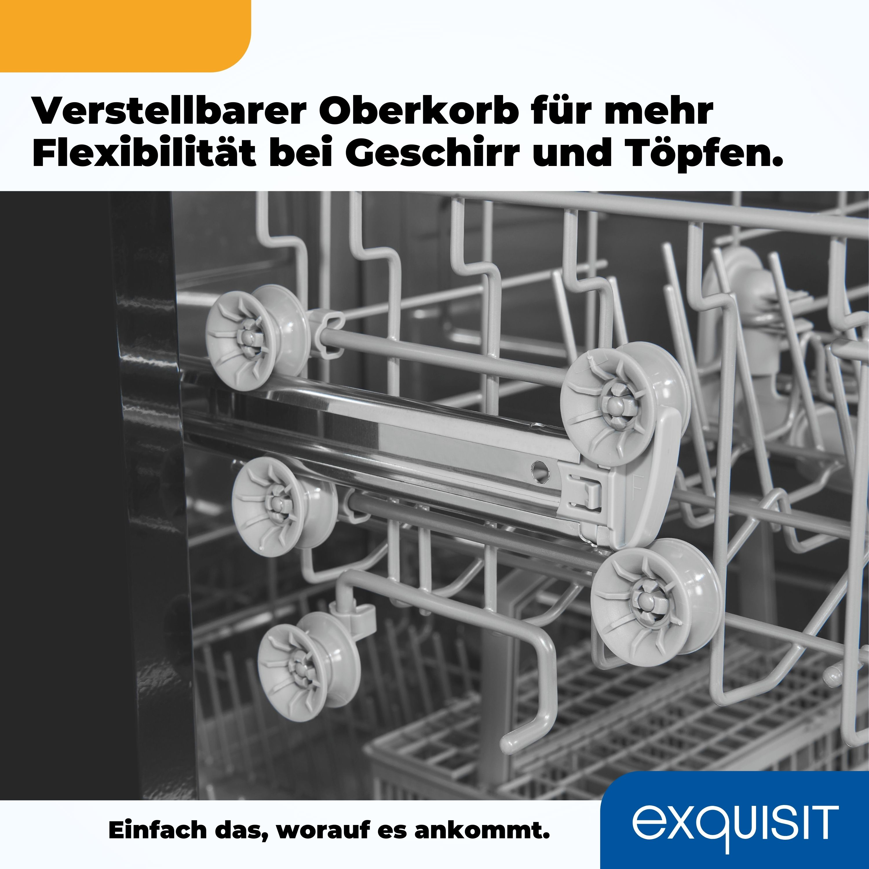Geschirrspüler-Innenraum mit verstellbarem Oberkorb. Der Korb ist grau mit weißen Rädern.
