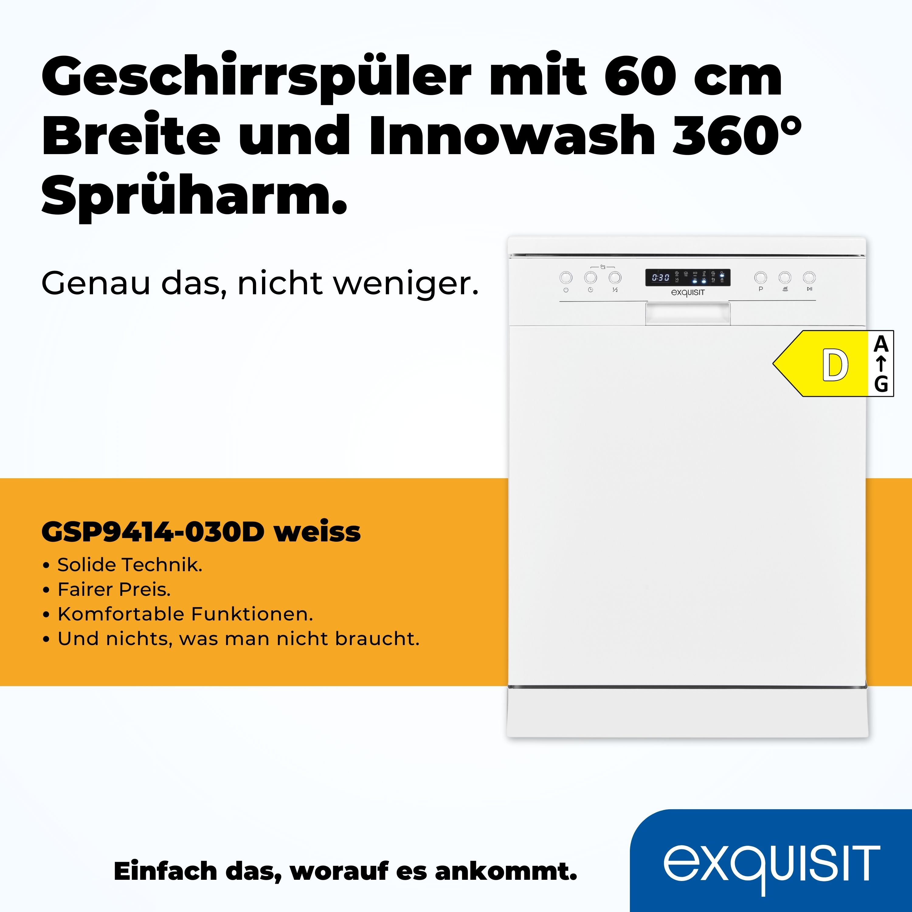 Ein weißer Geschirrspüler mit Text, Energieeffizienzklasse D und gelbem Hintergrund hinter dem Gerät.