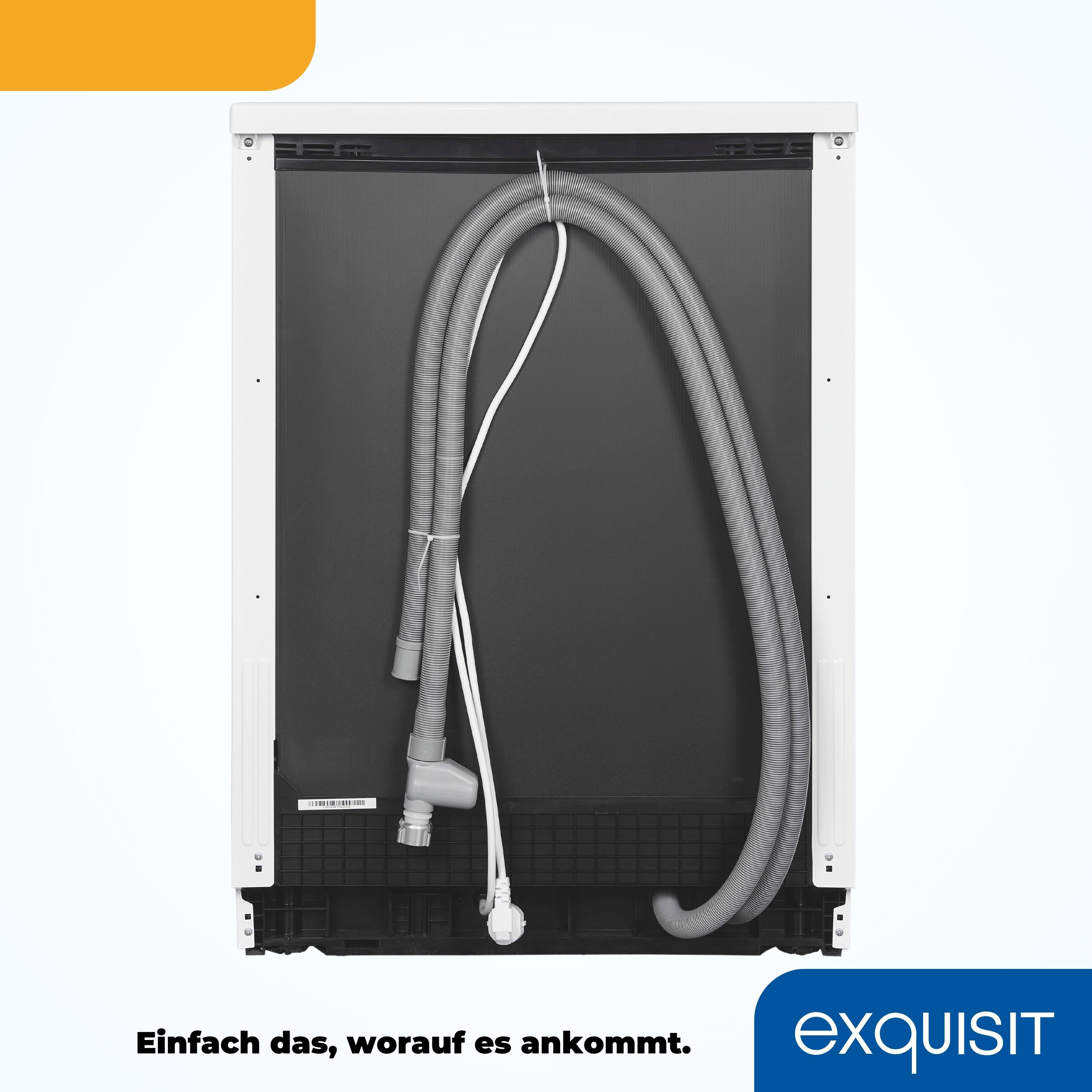 Die Rückseite eines Geschirrspülers mit sichtbaren Schläuchen und Anschlüssen. Der Markenname steht rechts.