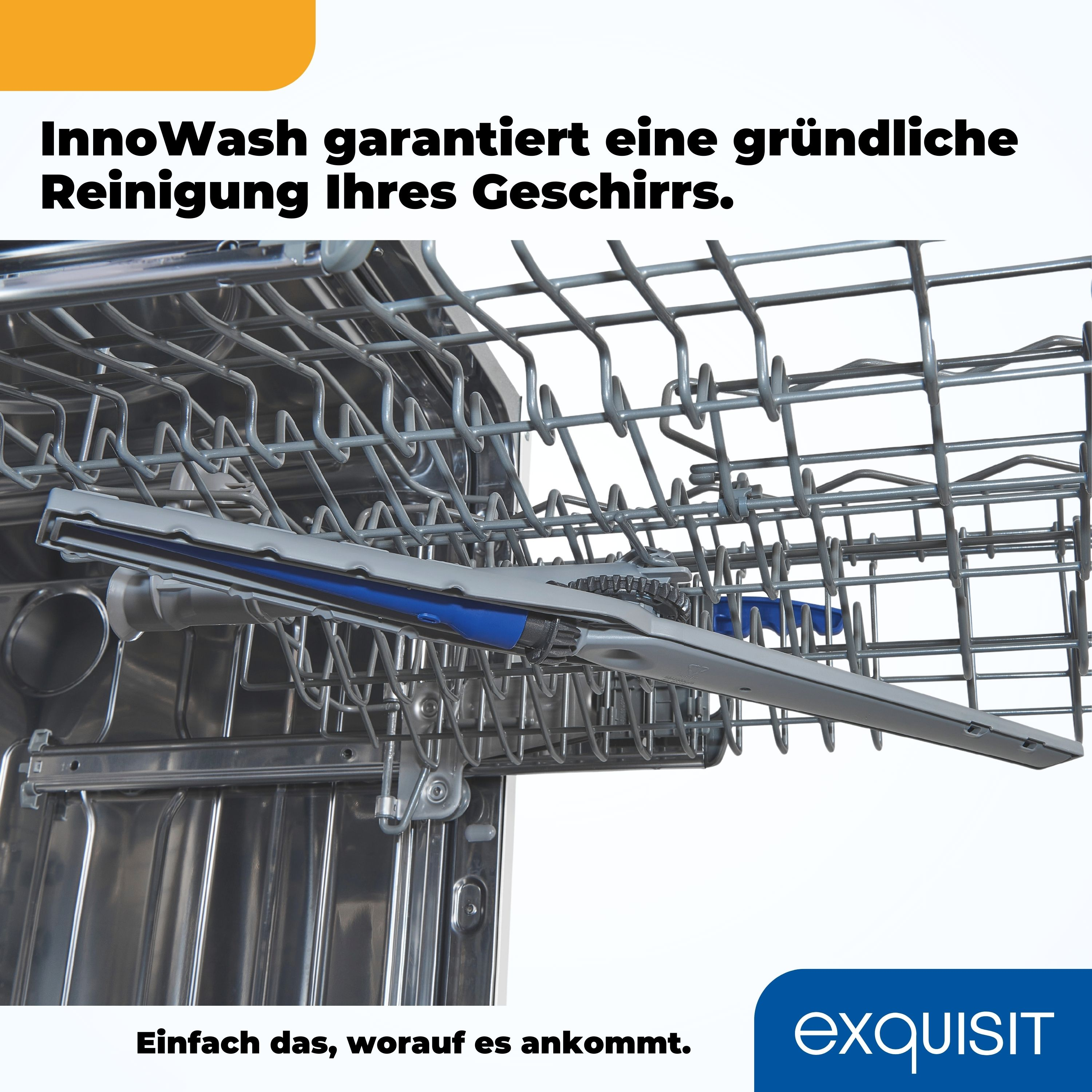 Geschirrspüler-Innenraum mit Sprüharm. Text oben und unten beschreibt das Produkt.