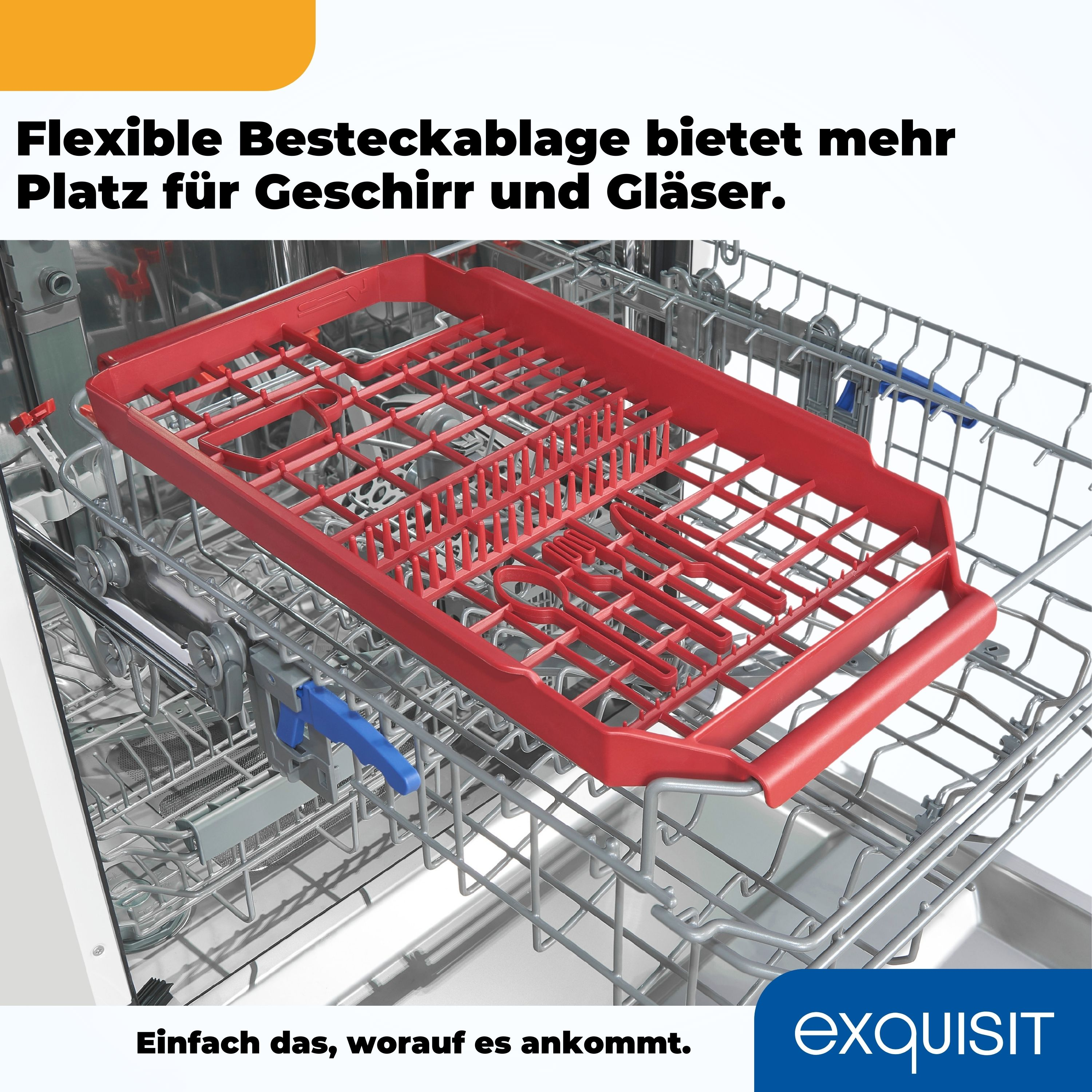 Geschirrspüler-Innenraum mit rotem Gestell für Utensilien. Nahaufnahme des Gestells.