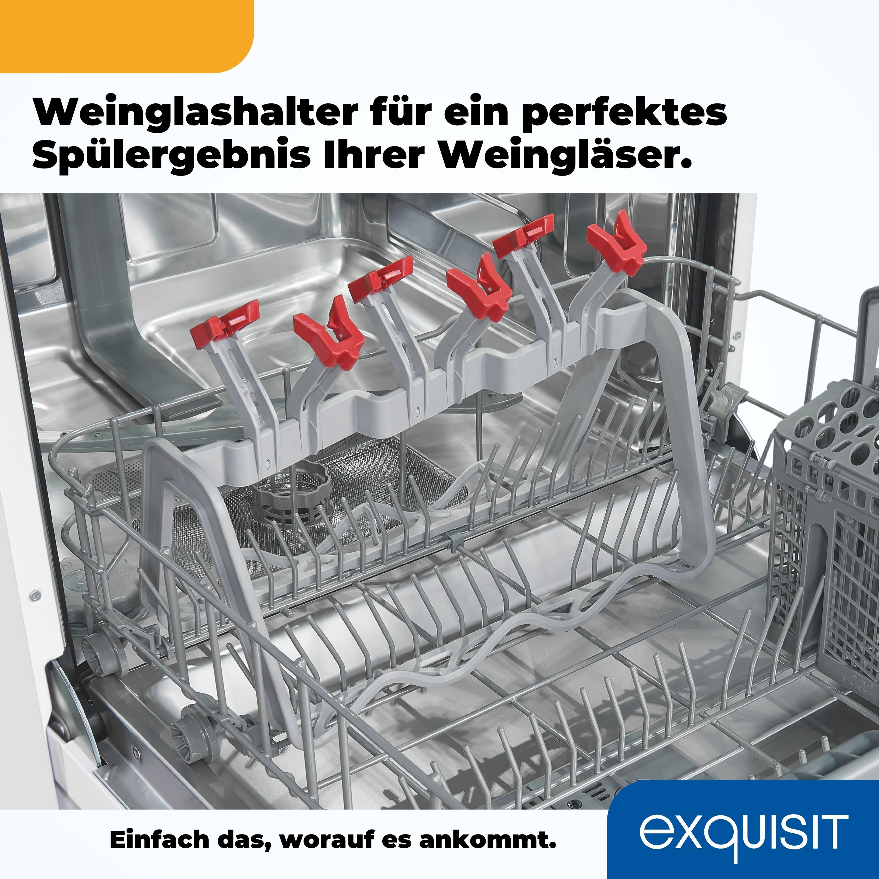 Geschirrspüler-Innenraum mit Gestellen und roten Clips, Text: 'Weinglashalter für ein perfektes Spülergebnis'.