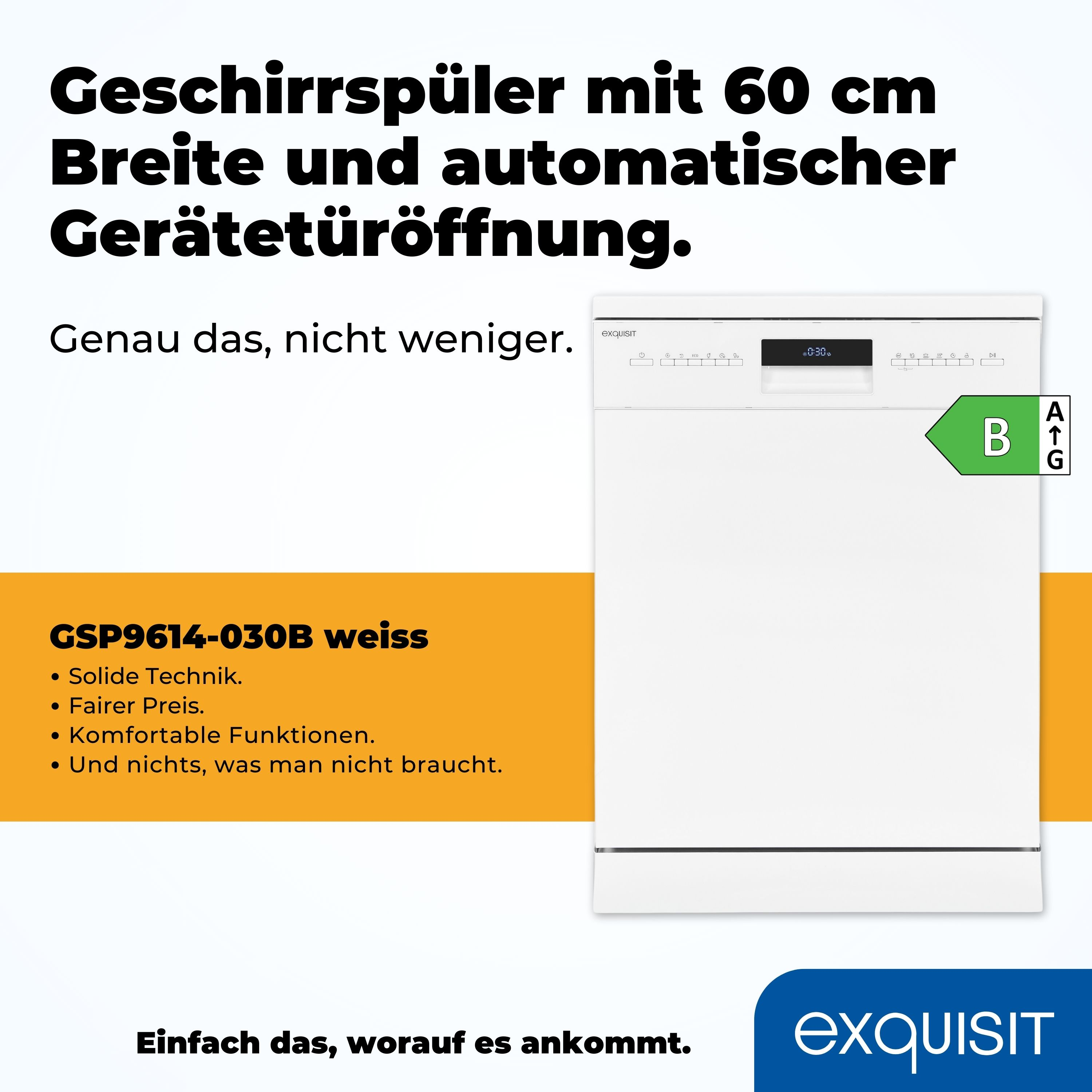 Ein weißer Geschirrspüler mit Text über seine Funktionen und einem Energieeffizienzlabel.
