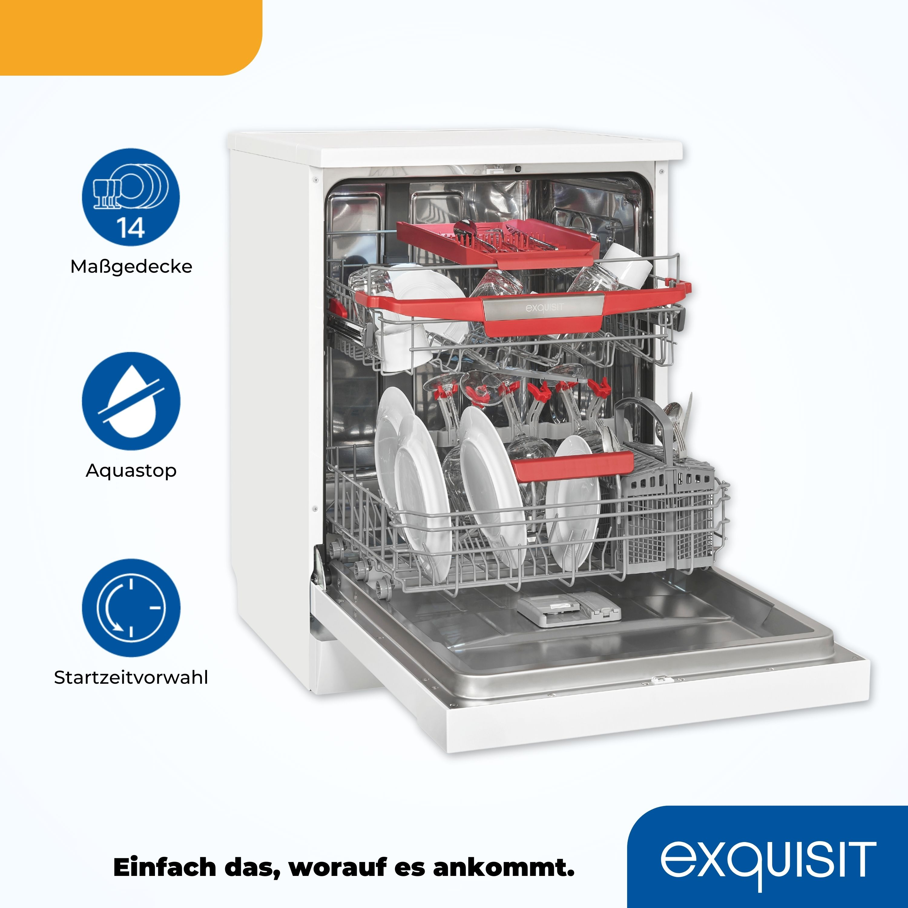 Ein weißer Geschirrspüler mit offener Tür, die Geschirr und Gläser zeigt.