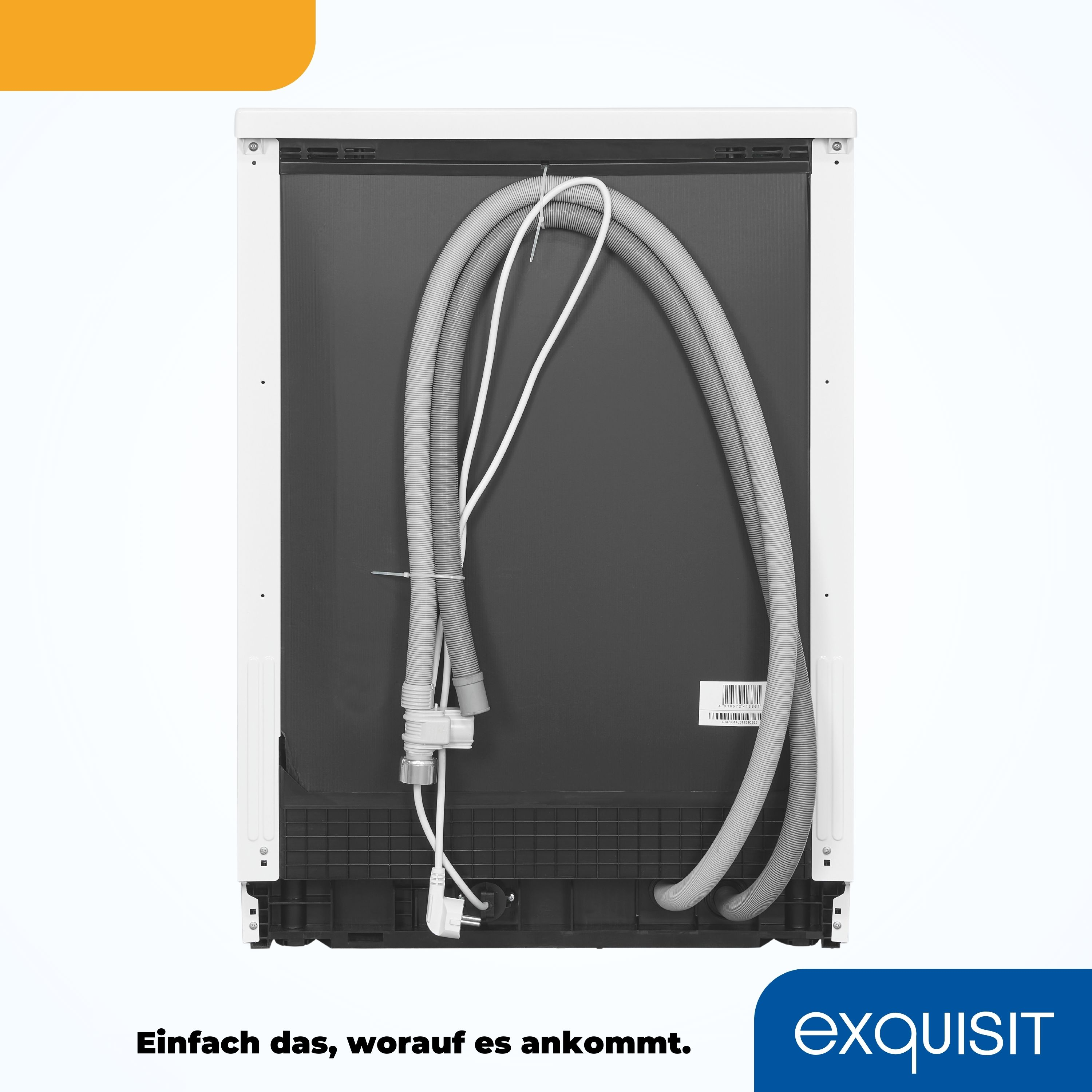 Die Rückseite eines Geschirrspülers, die Schläuche und ein Netzkabel zeigt. Das Logo 