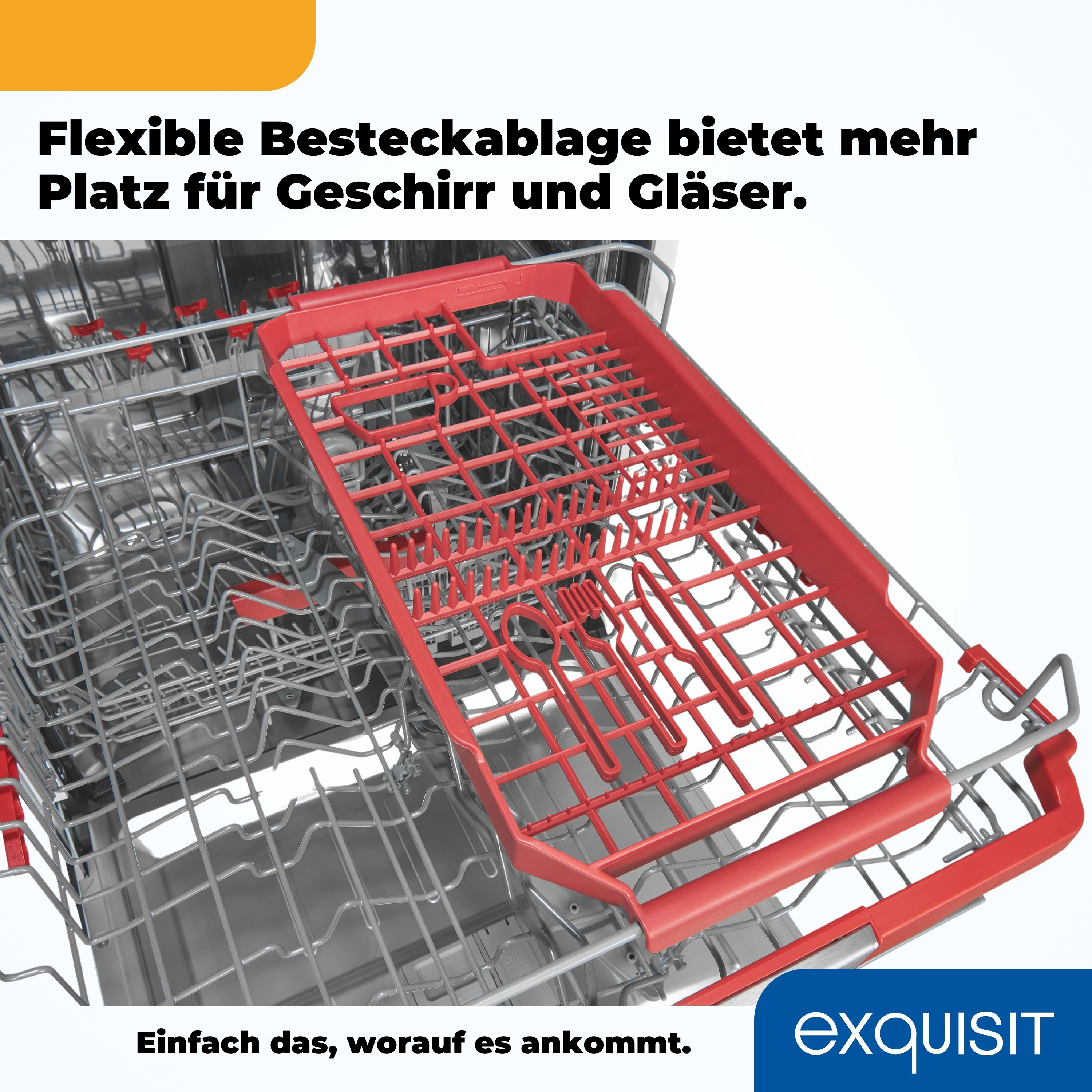 Ein roter Geschirrkorb in einem Edelstahl-Geschirrspüler. Der Korb ist herausgezogen.