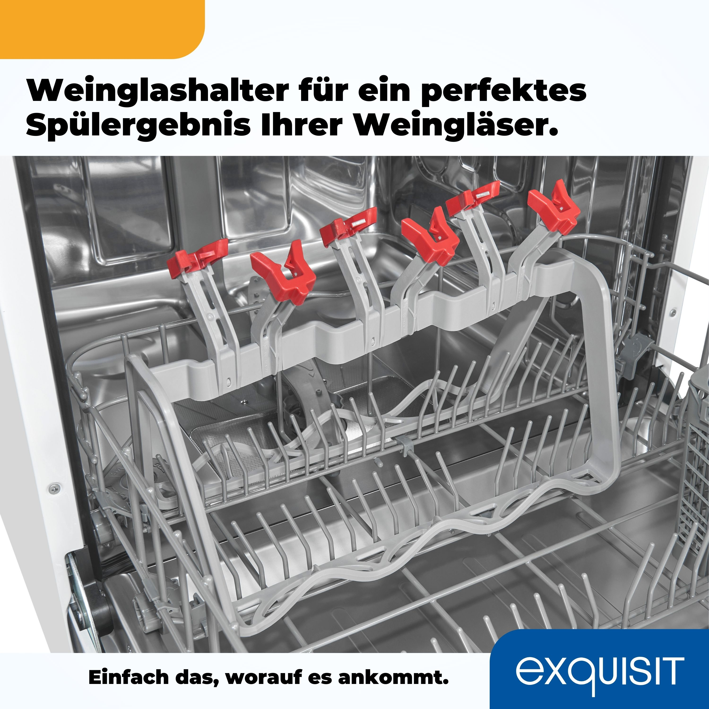 Geschirrspüler-Innenraum mit Weinglashaltern, roten Clips. Weiße und silberne Farben.