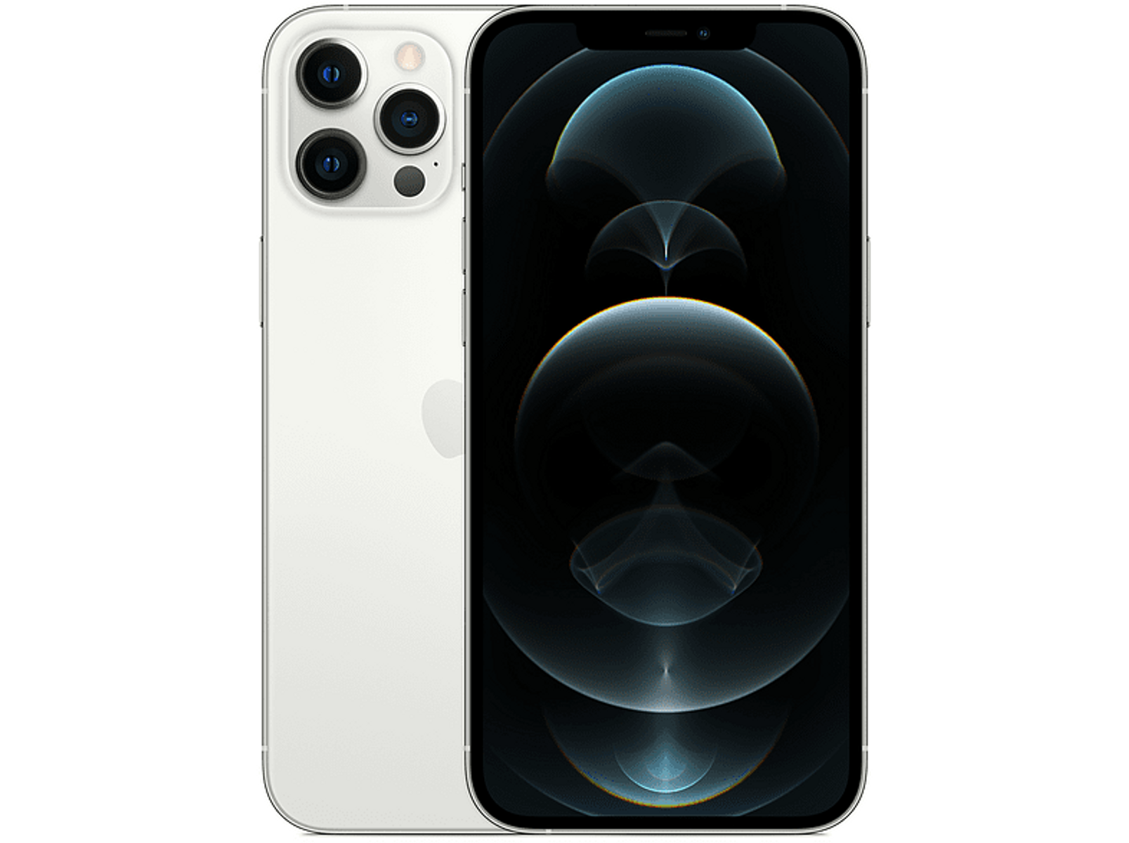 Biały iPhone z trzema tylnymi aparatami, czarnym ekranem i czarnym tłem.